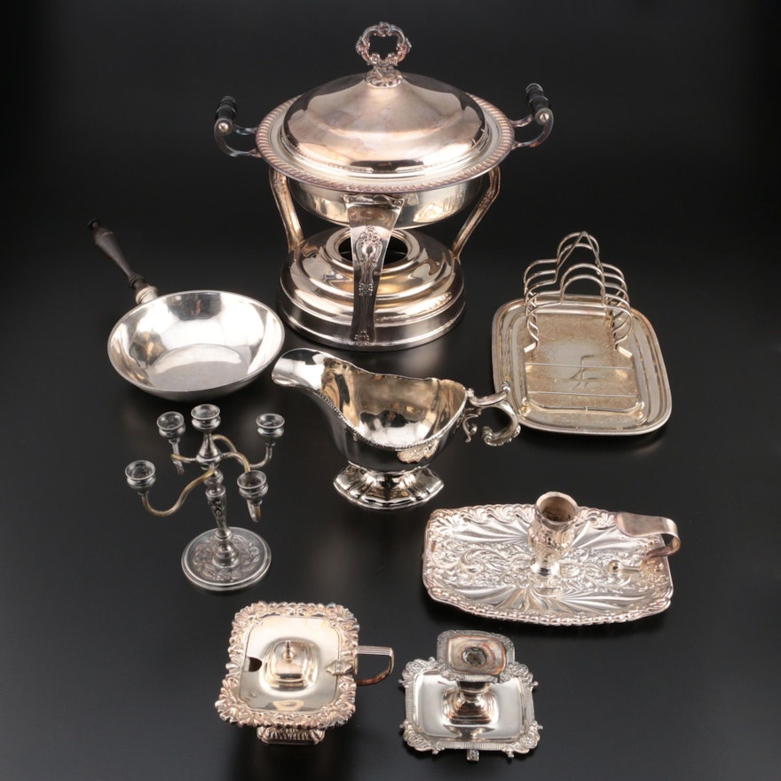 Silver Plate Chafing Dish with Other Table Accessories