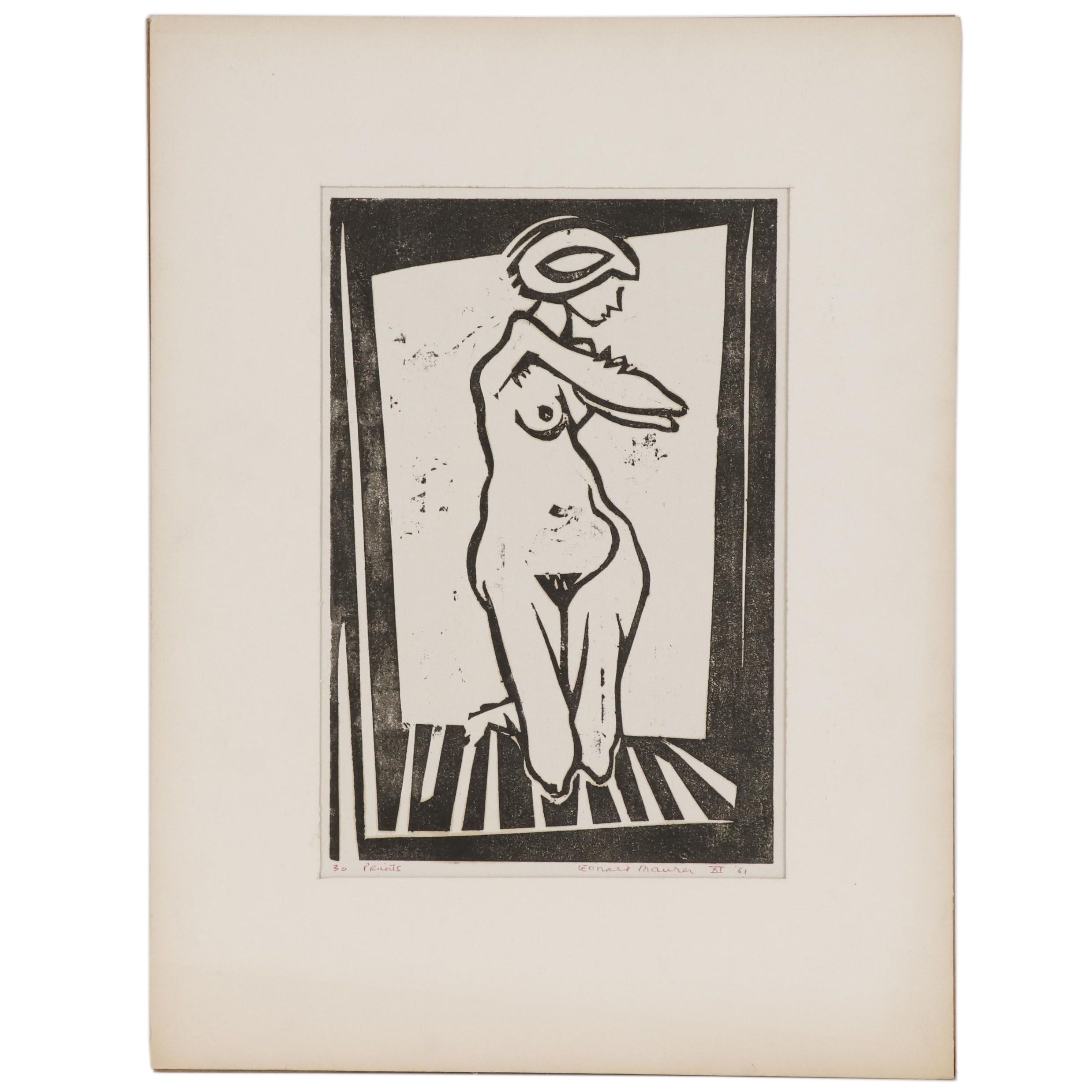 Leonard Maurer Woodcut of Kneeling Female Nude