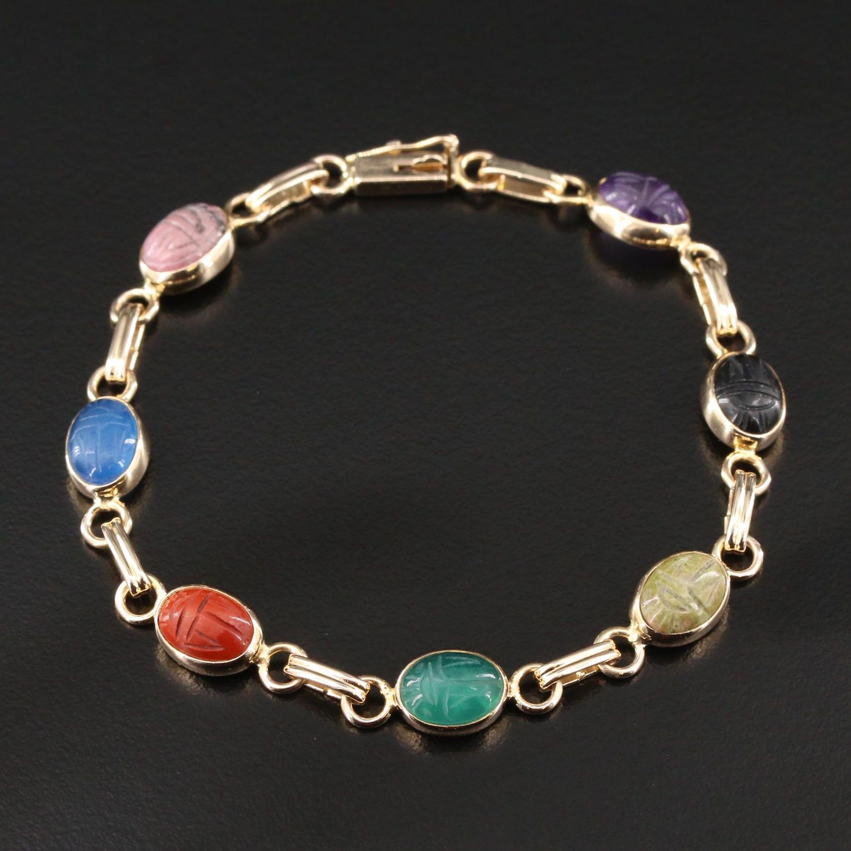 14K Scarab Bracelet with Black Onyx, Unakite, Jasper and Chalcedony