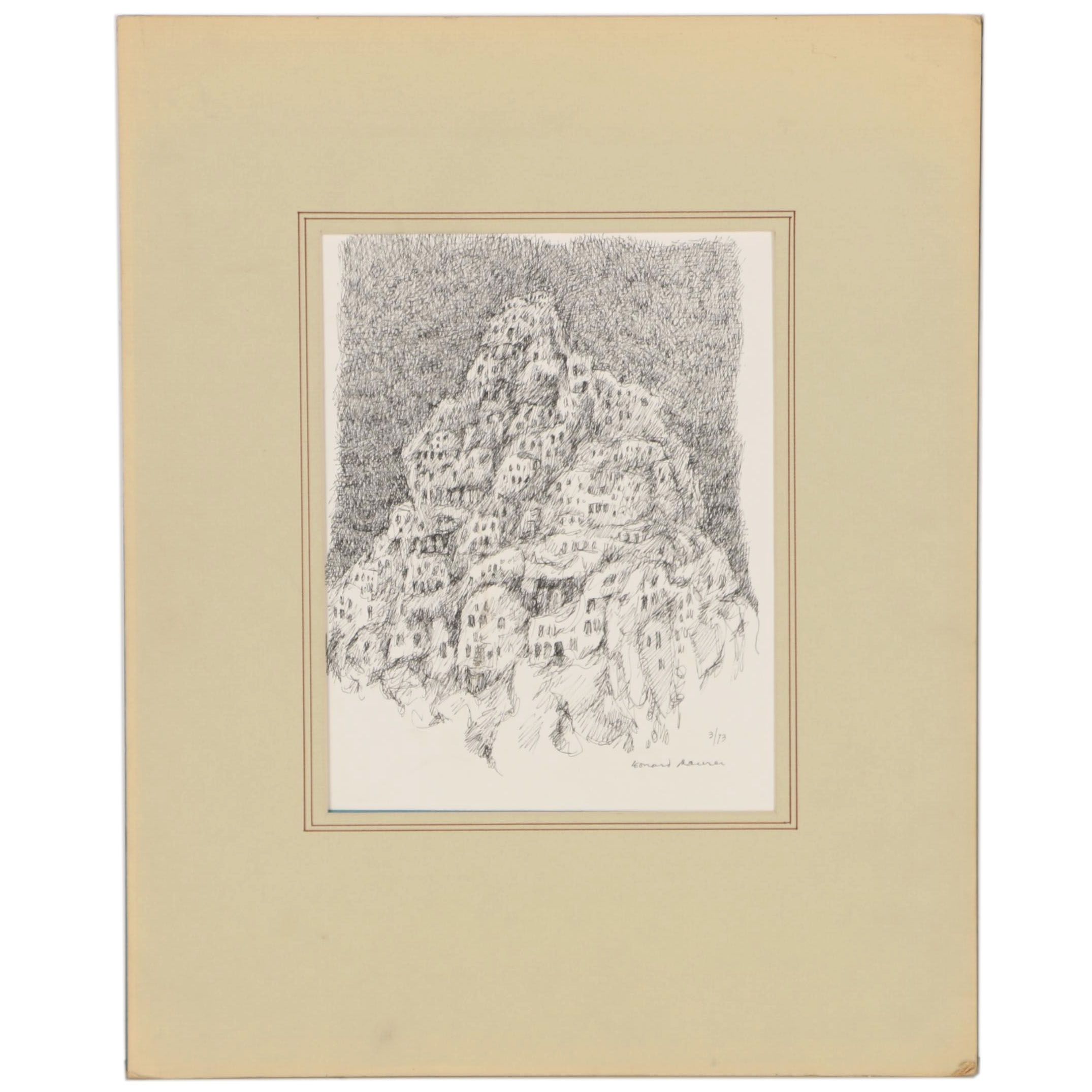 Leonard Maurer Abstract Ink Drawing "Mountain Town", 1973