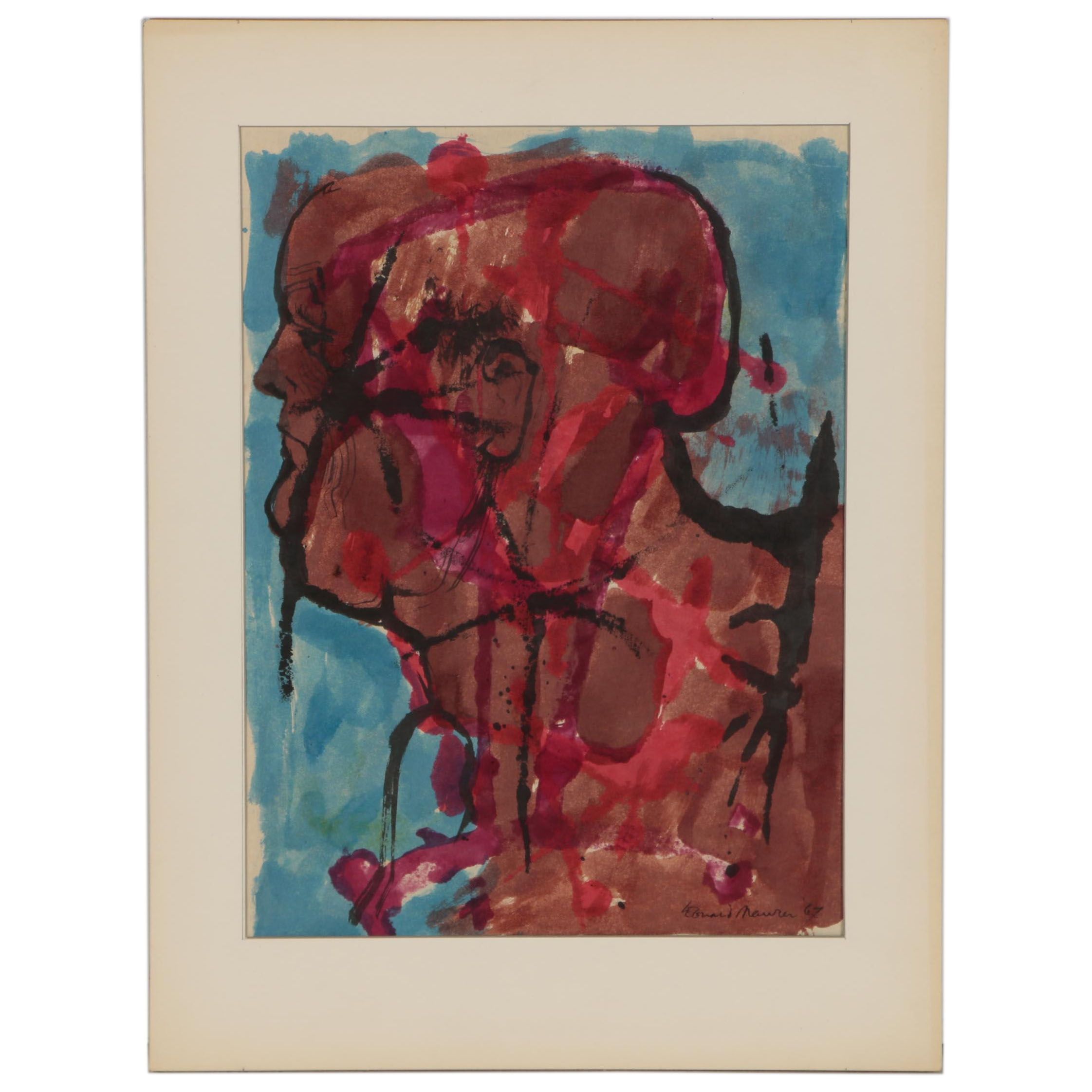 Leonard Maurer Portrait Ink and Watercolor painting, 1967