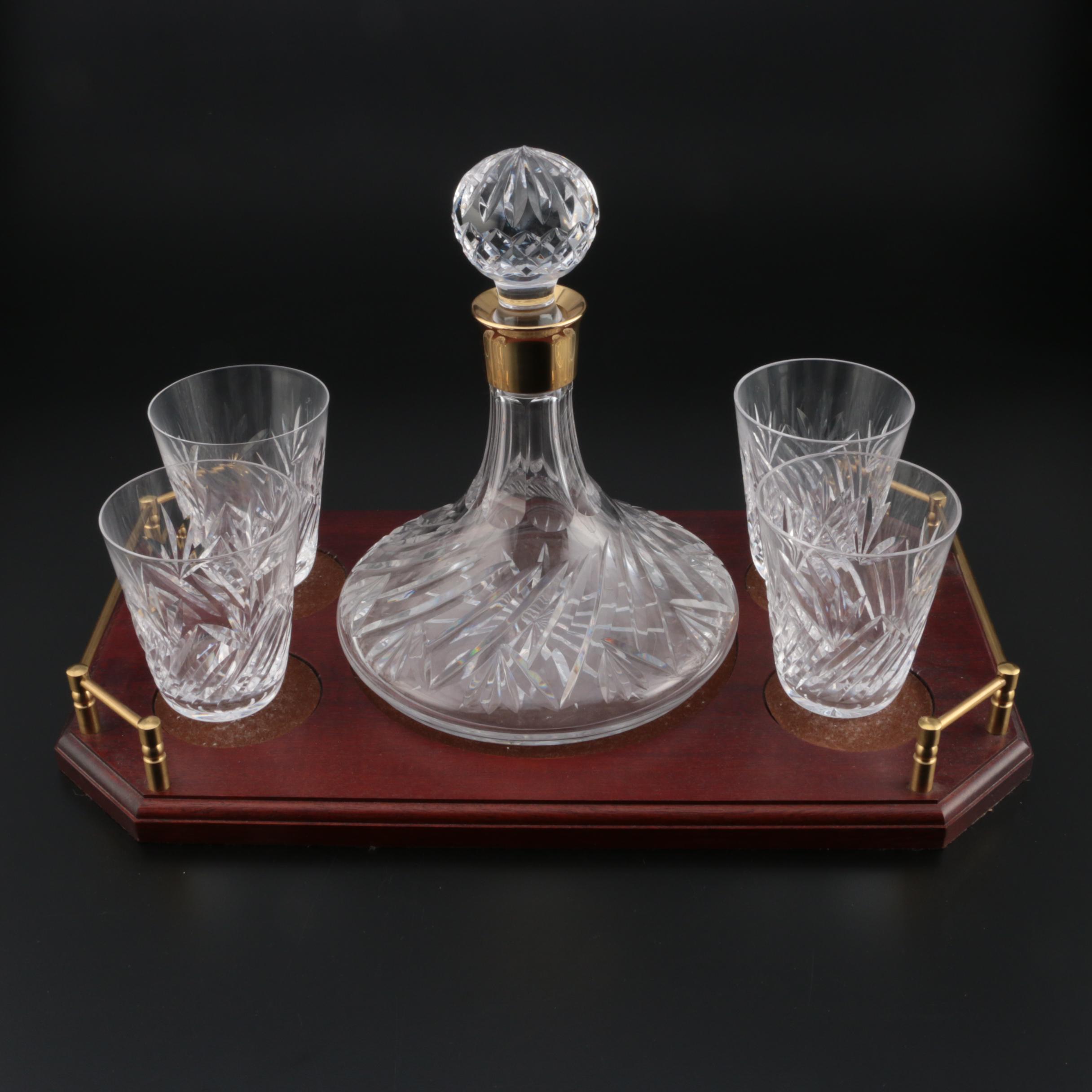Waterford Crystal Bar Set with Ships Decanter, Old Fashioneds, and Wood Tray