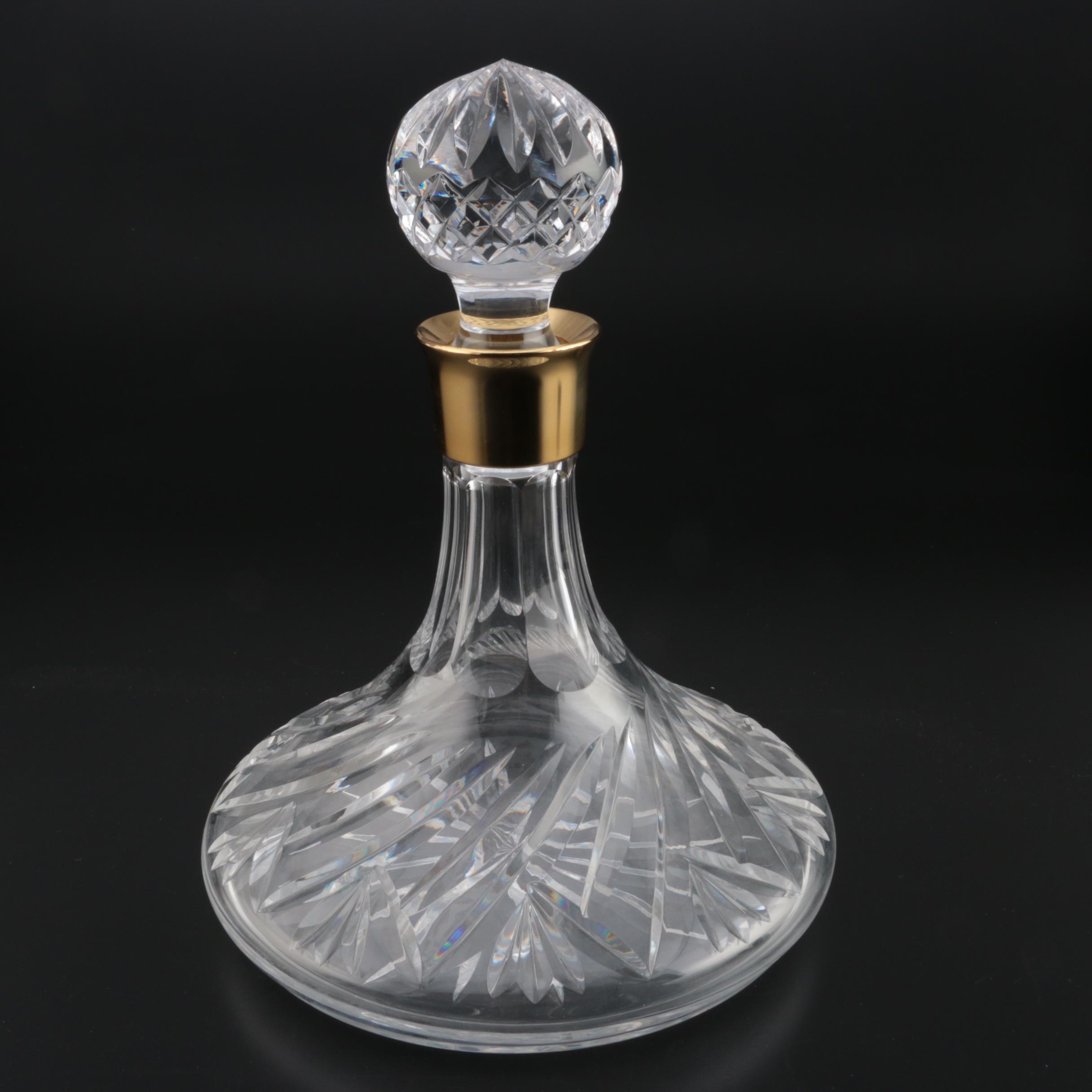 Waterford Crystal Bar Set with Ships Decanter, Old Fashioneds, and Wood Tray