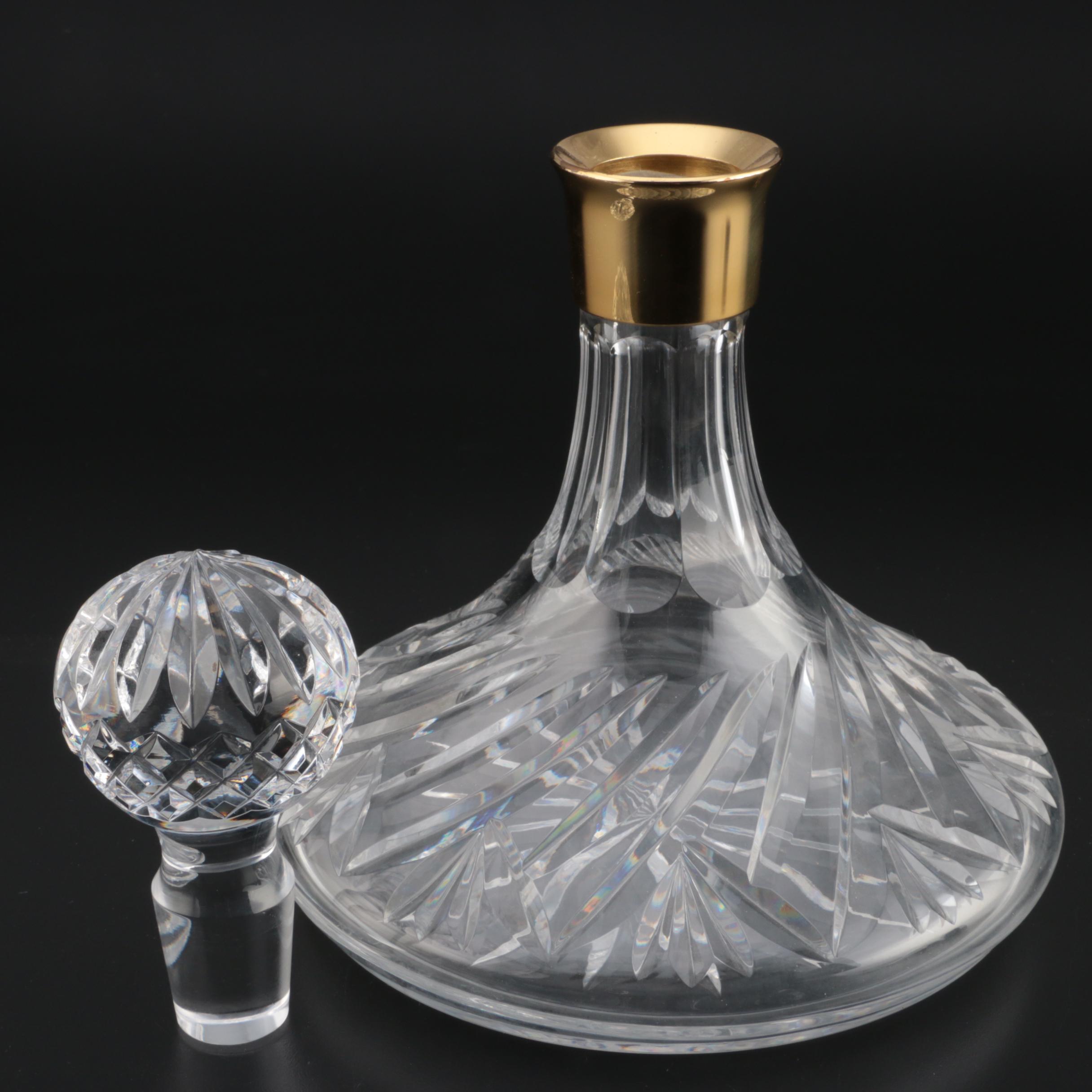 Waterford Crystal Bar Set with Ships Decanter, Old Fashioneds, and Wood Tray