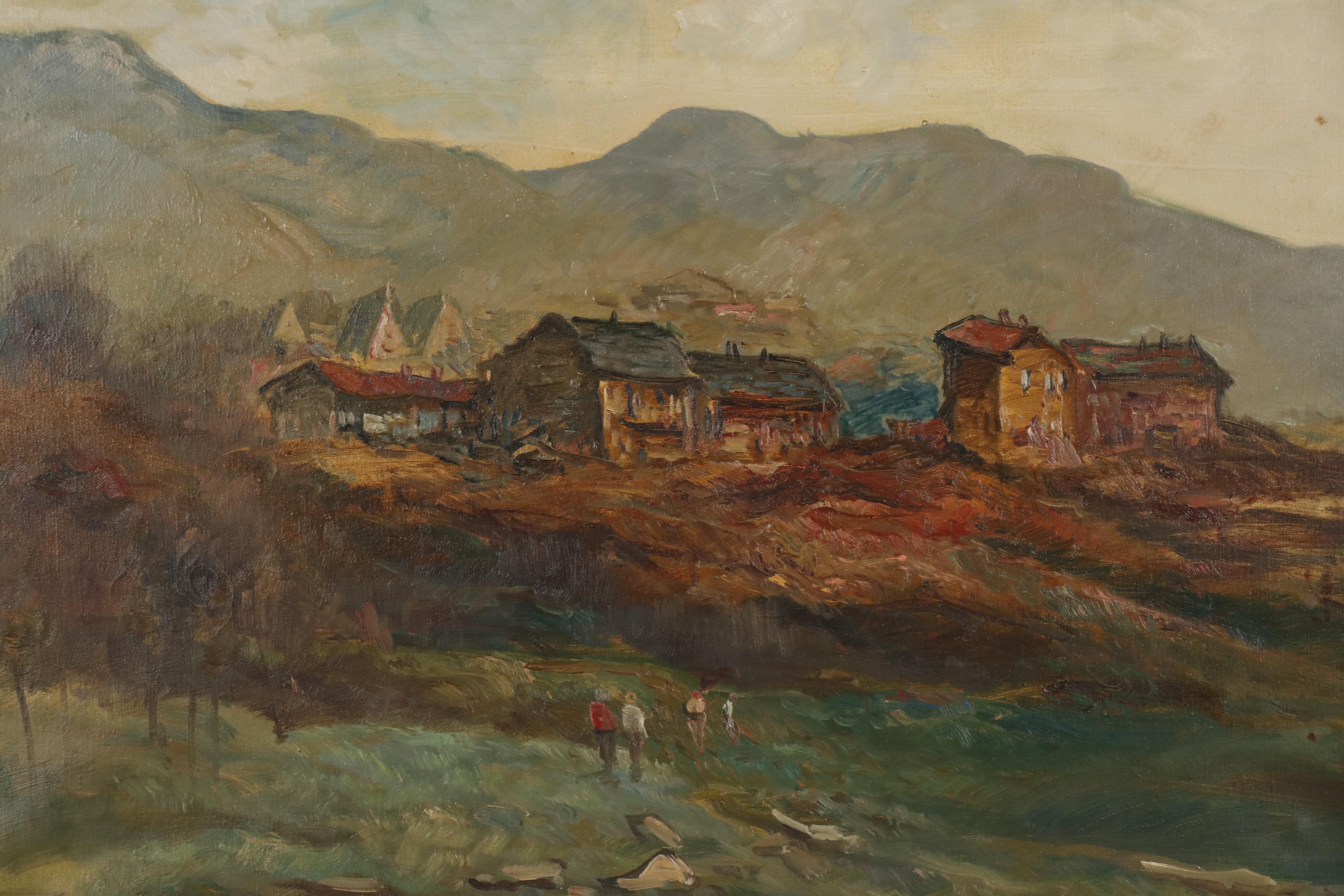 Luigi Bracchi Oil Painting of Landscape with Village, Mid 20th Century