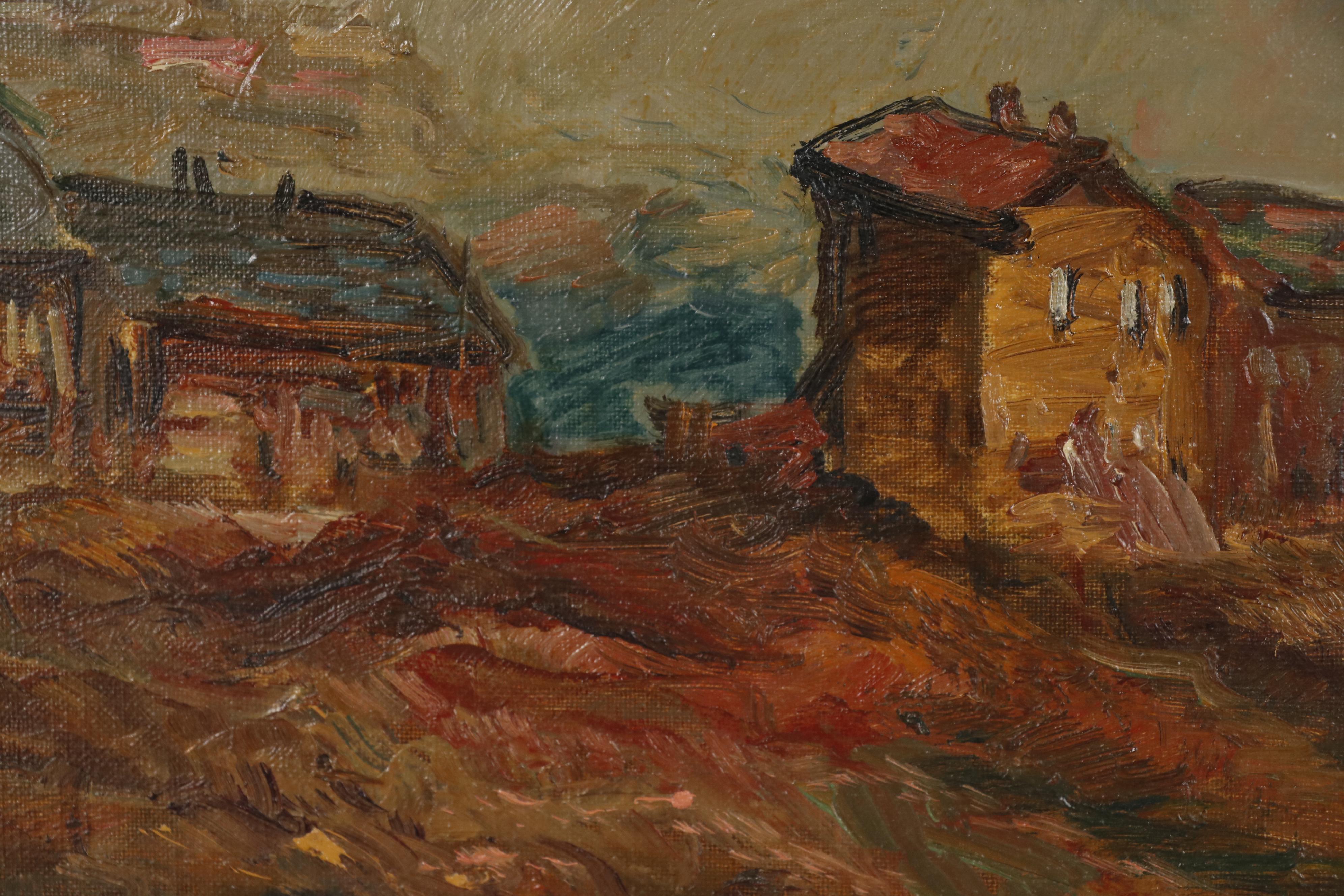 Luigi Bracchi Oil Painting of Landscape with Village, Mid 20th Century