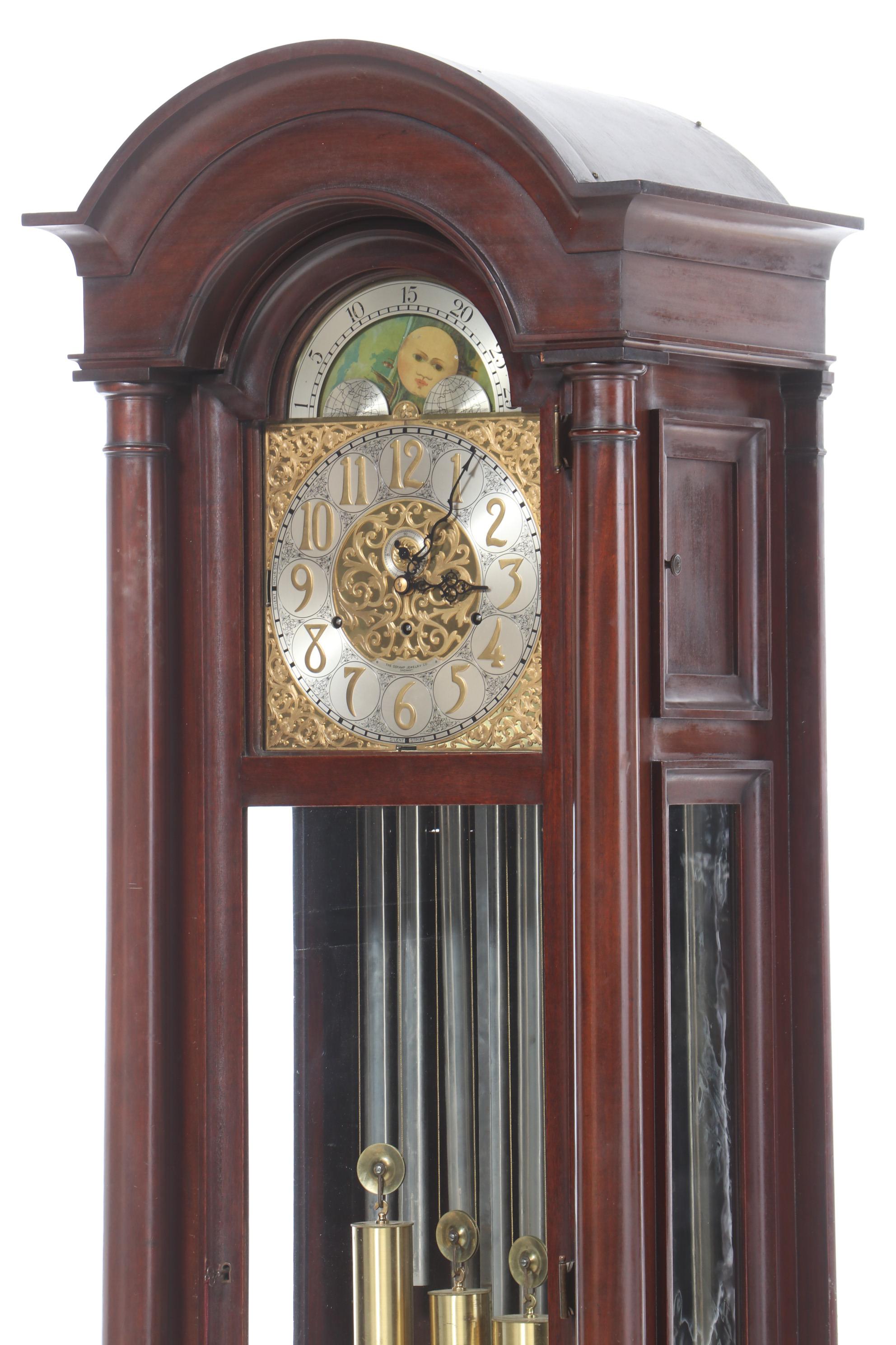 Mahogany Grandfather Clock, Retailed by Oskamp Jewelry Company, Cincinnati