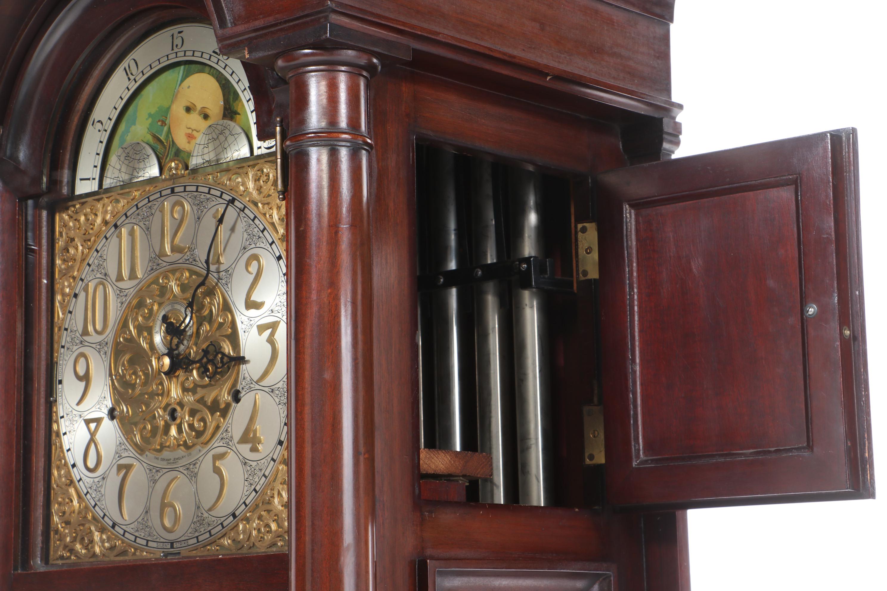 Mahogany Grandfather Clock, Retailed by Oskamp Jewelry Company, Cincinnati