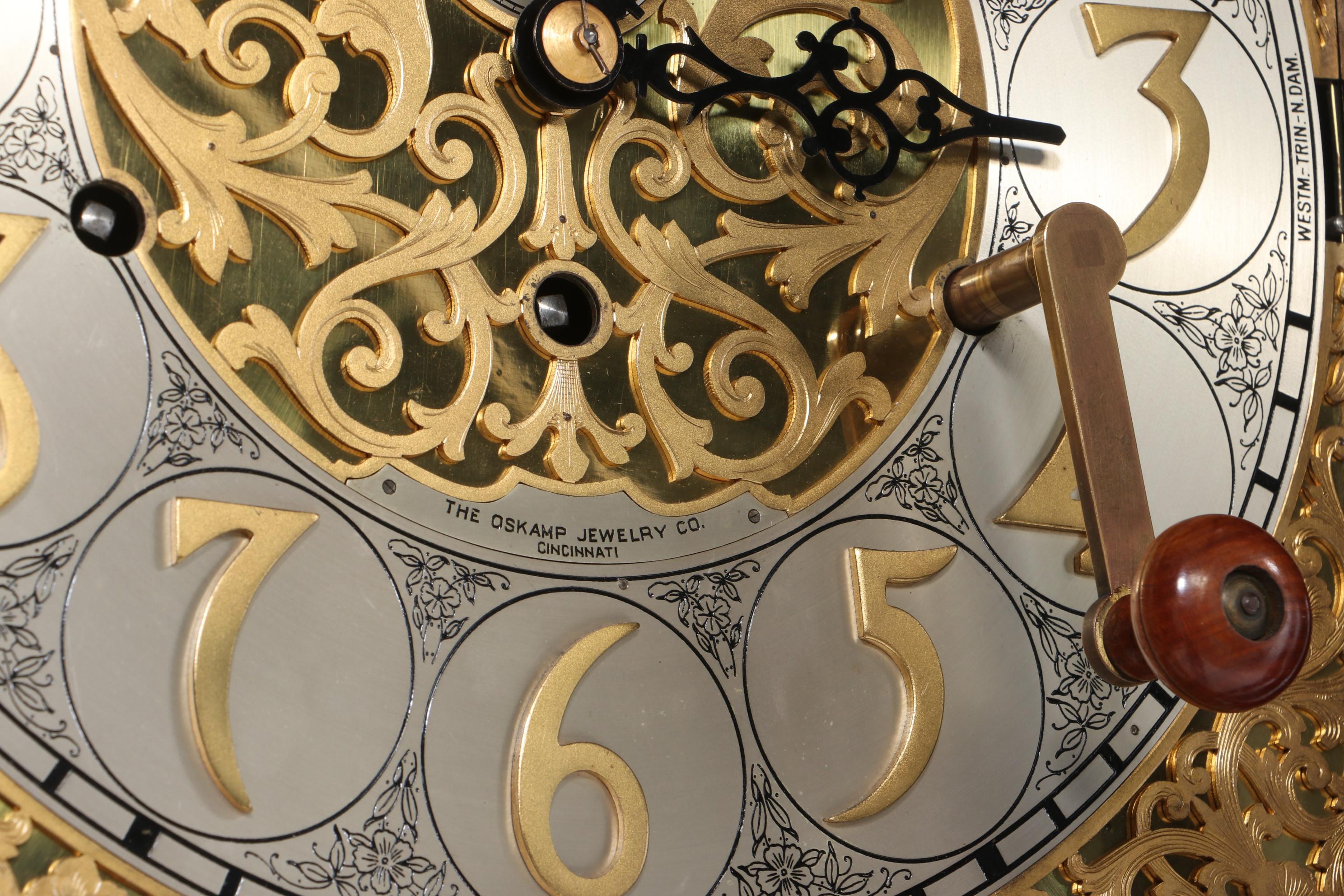 Mahogany Grandfather Clock, Retailed by Oskamp Jewelry Company, Cincinnati