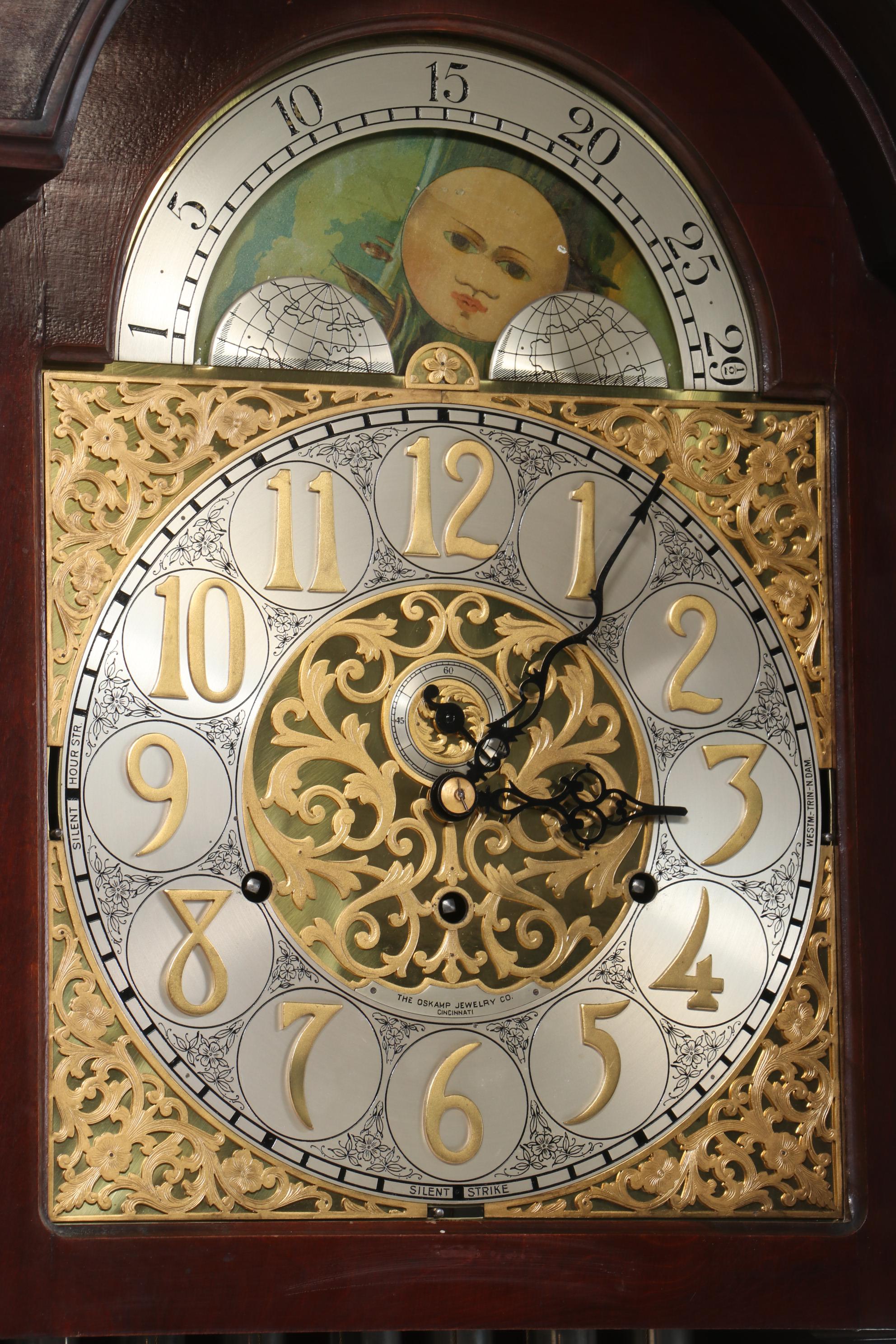Mahogany Grandfather Clock, Retailed by Oskamp Jewelry Company, Cincinnati