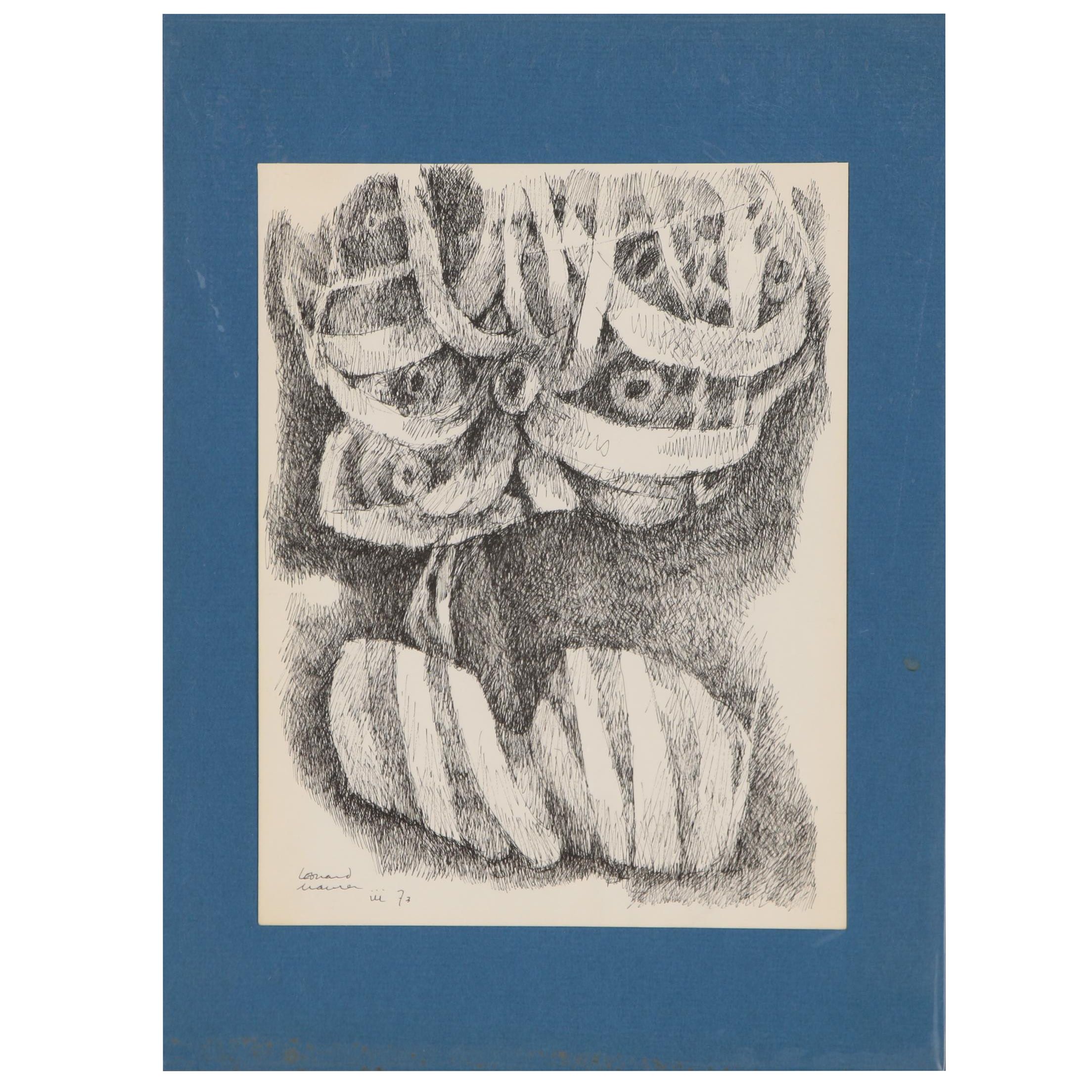 Leonard Maurer Abstract Ink Drawing, 1973