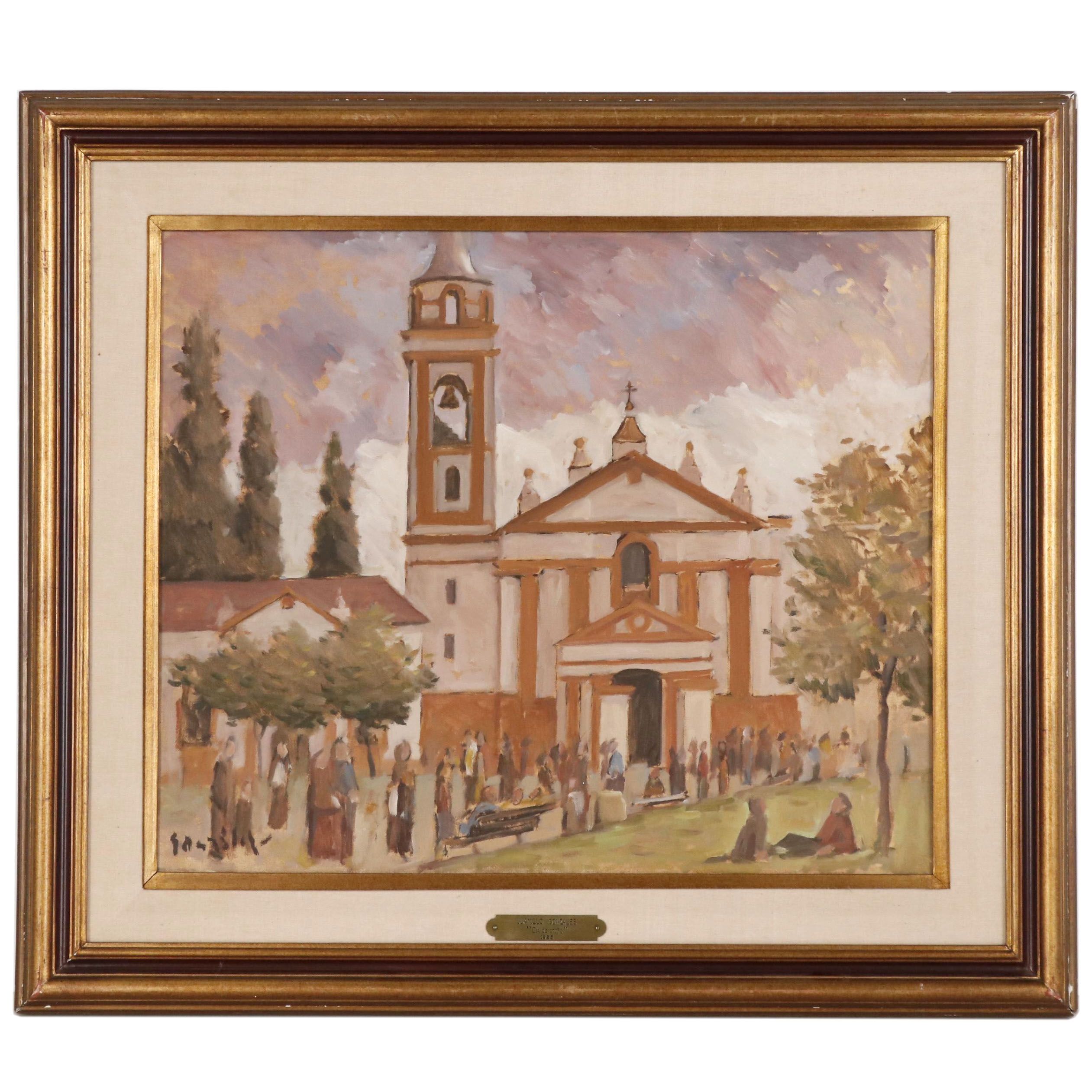 Juanillo Gonzalez Oil Painting of Mission "Día de Otoño", 1985