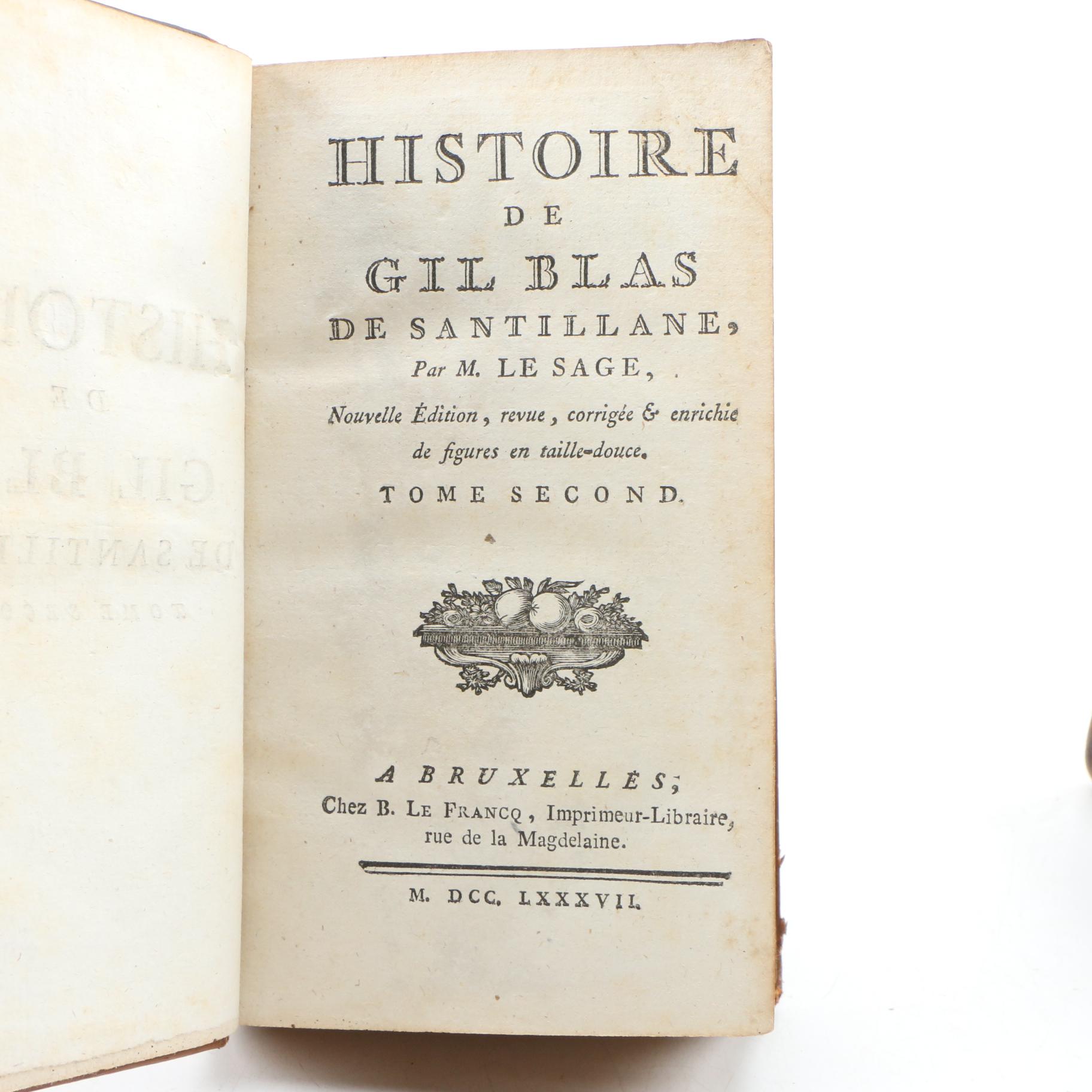 1787 "Histoire de Gil Blas de Santillane" by Alain René Le Sage, Two Volumes