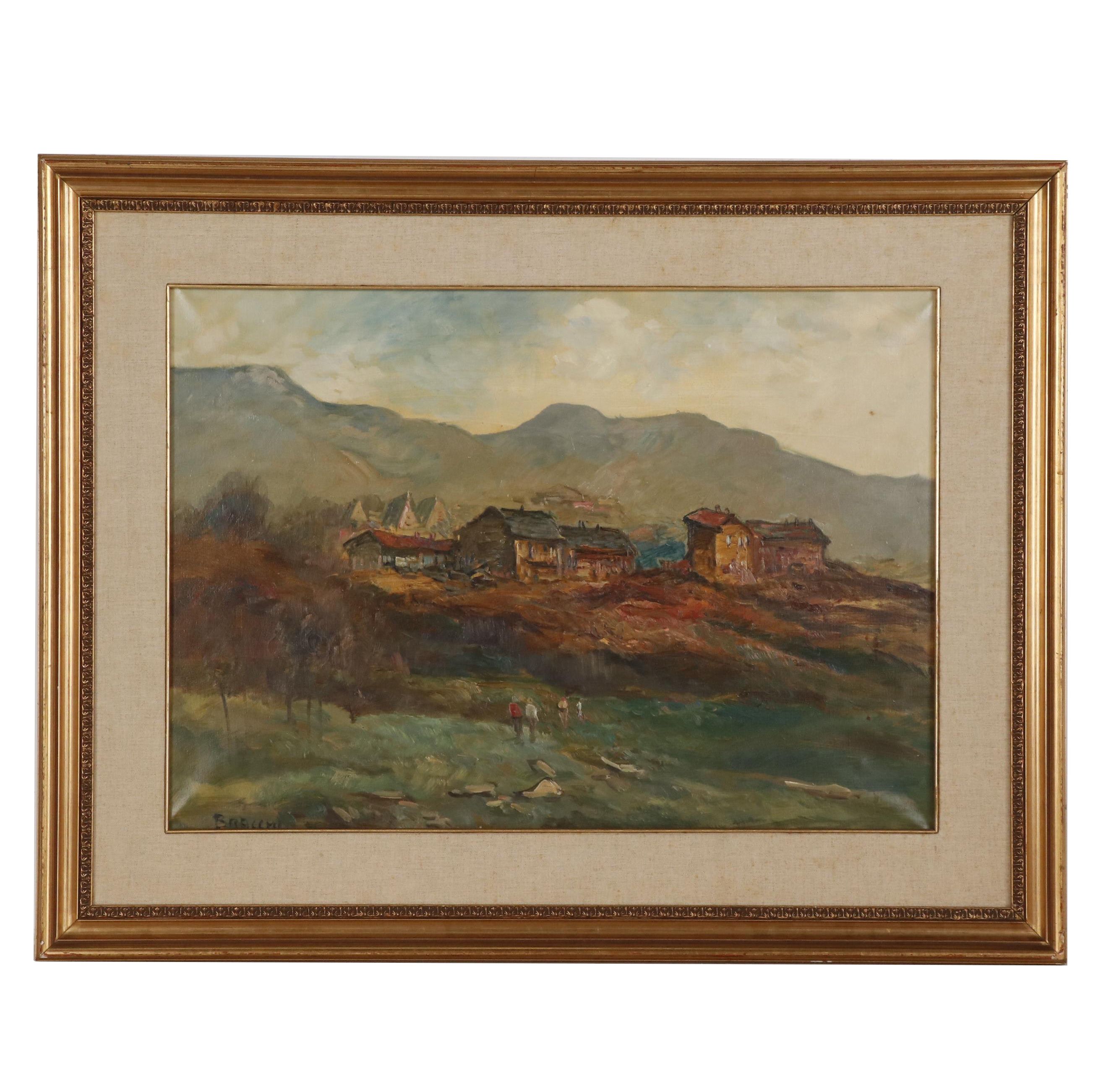 Luigi Bracchi Oil Painting of Landscape with Village, Mid 20th Century