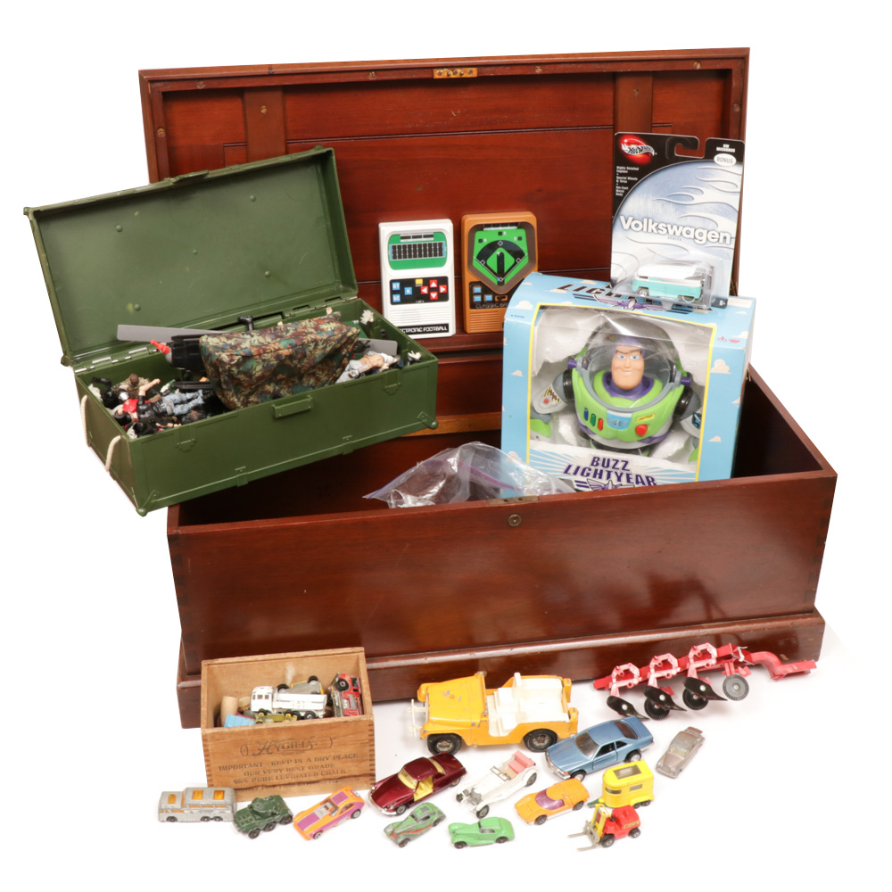 GI Joe, Diecast Cars, Peewee Herman and Toy Story Toys in Wooden Toy Box