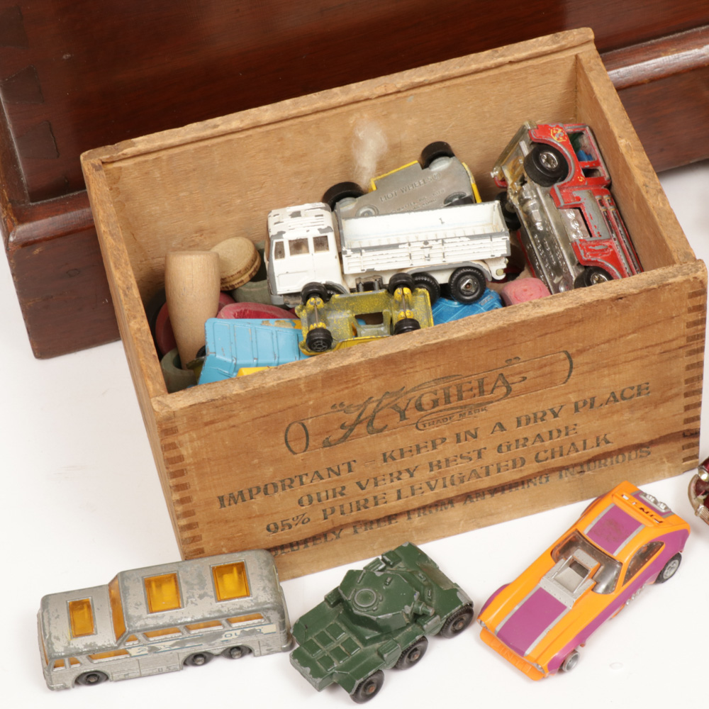 GI Joe, Diecast Cars, Peewee Herman and Toy Story Toys in Wooden Toy Box