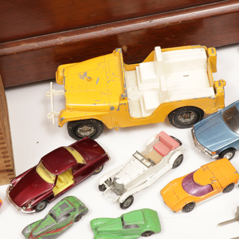 GI Joe, Diecast Cars, Peewee Herman and Toy Story Toys in Wooden Toy Box