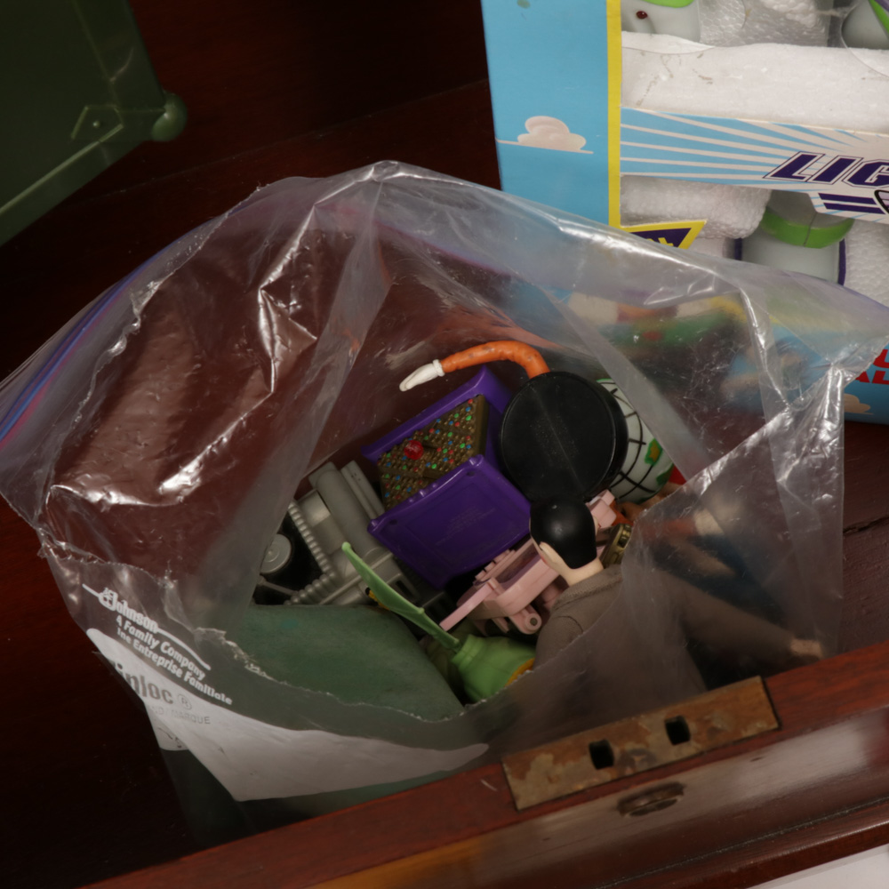 GI Joe, Diecast Cars, Peewee Herman and Toy Story Toys in Wooden Toy Box