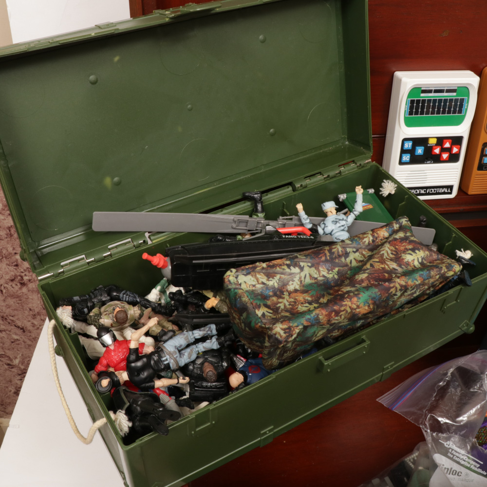 GI Joe, Diecast Cars, Peewee Herman and Toy Story Toys in Wooden Toy Box