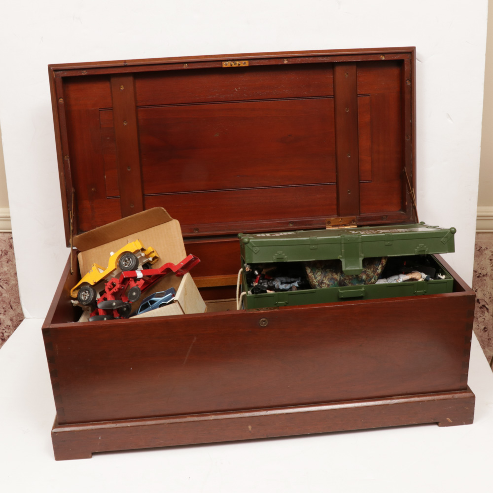GI Joe, Diecast Cars, Peewee Herman and Toy Story Toys in Wooden Toy Box
