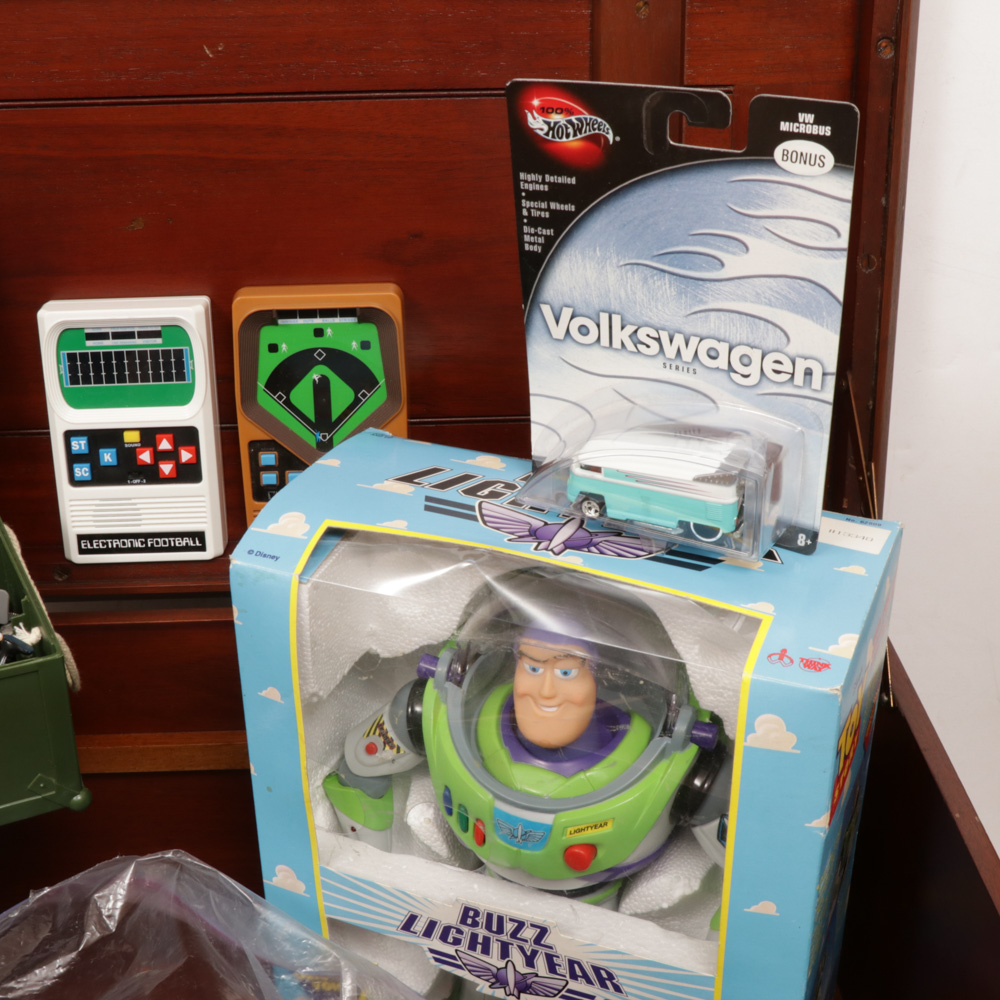 GI Joe, Diecast Cars, Peewee Herman and Toy Story Toys in Wooden Toy Box