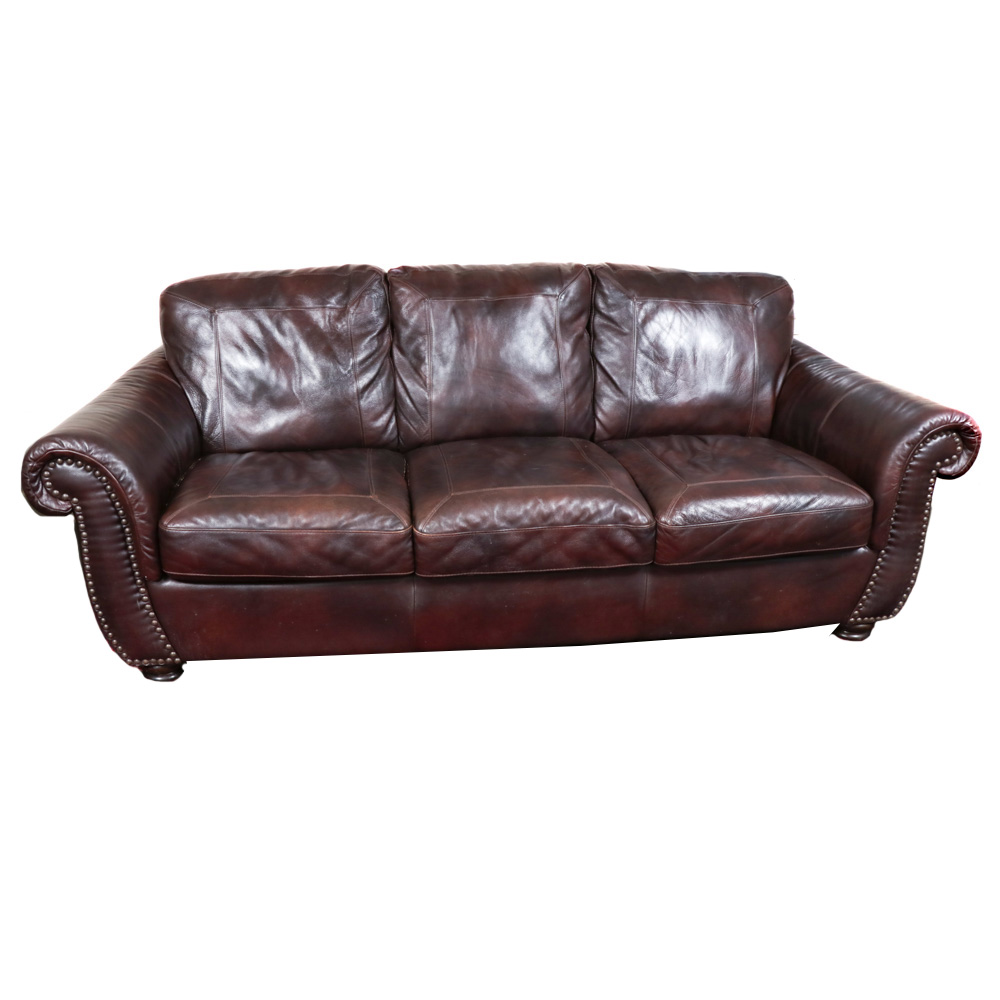 Softaly Brown Leather Sofa with Nailhead Accents