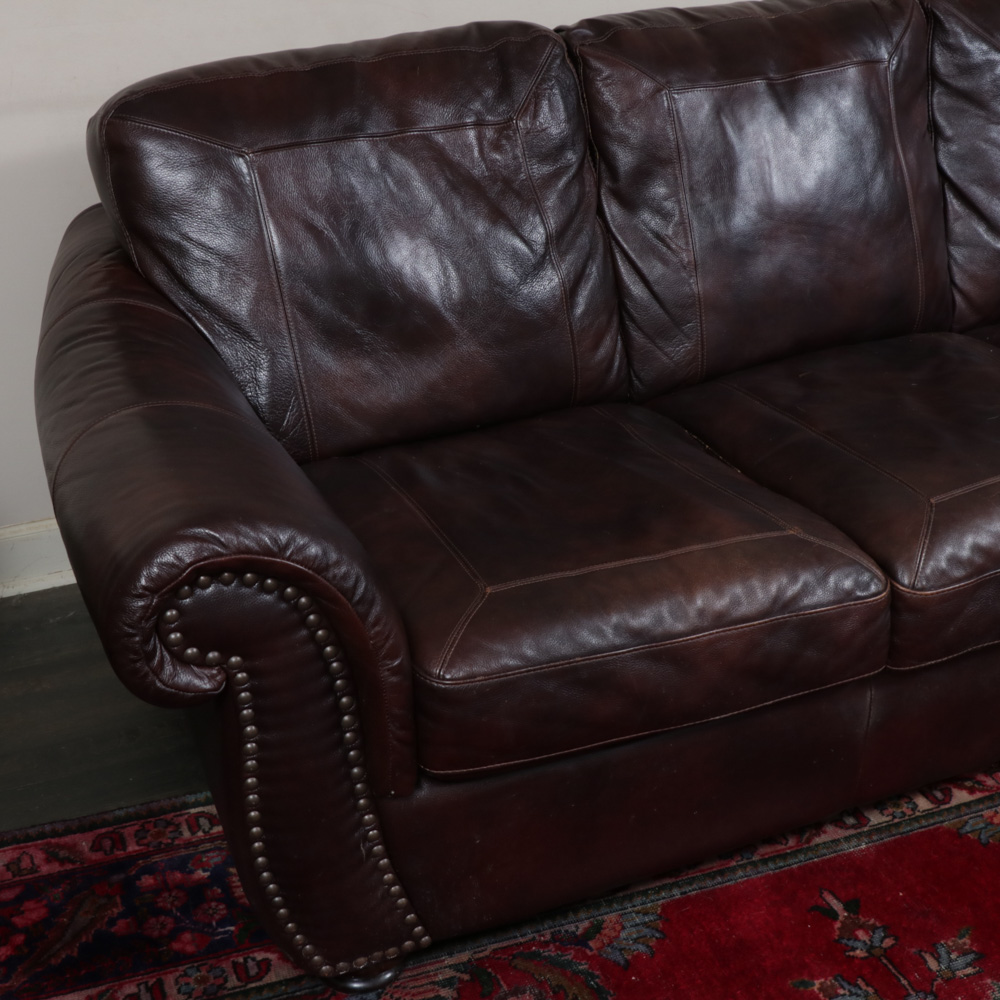 Softaly Brown Leather Sofa with Nailhead Accents