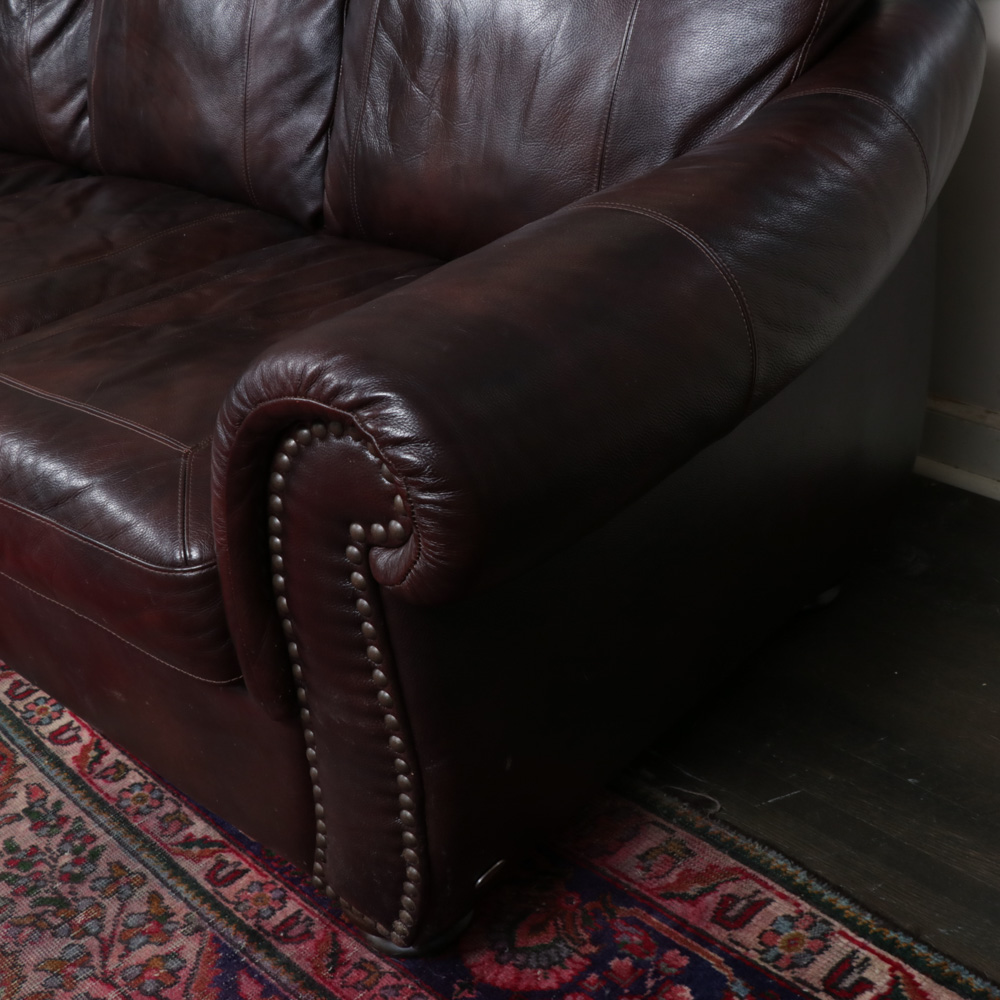 Softaly Brown Leather Sofa with Nailhead Accents