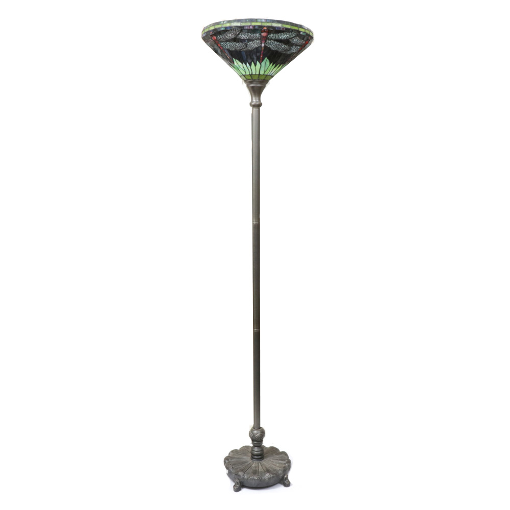 Tiffany-Style Slag Glass Dragonfly Motif Torchiere Floor Lamp