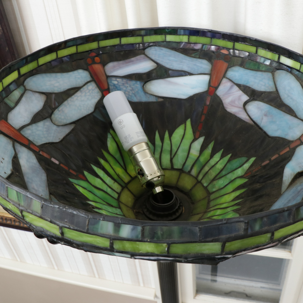 Tiffany-Style Slag Glass Dragonfly Motif Torchiere Floor Lamp