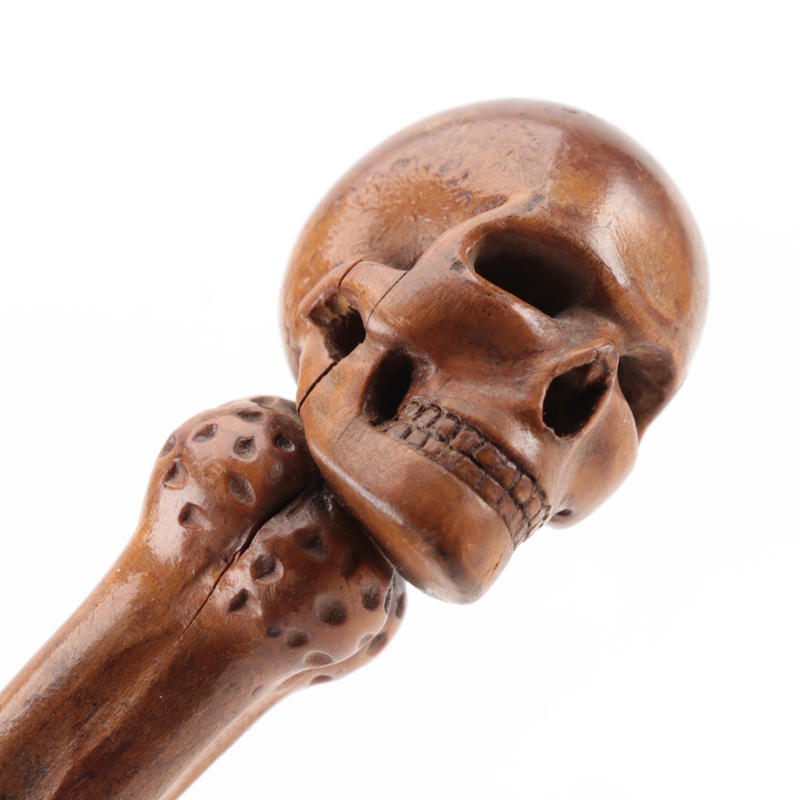 Folk Art Carved Wood Walking Stick with Skull Handle