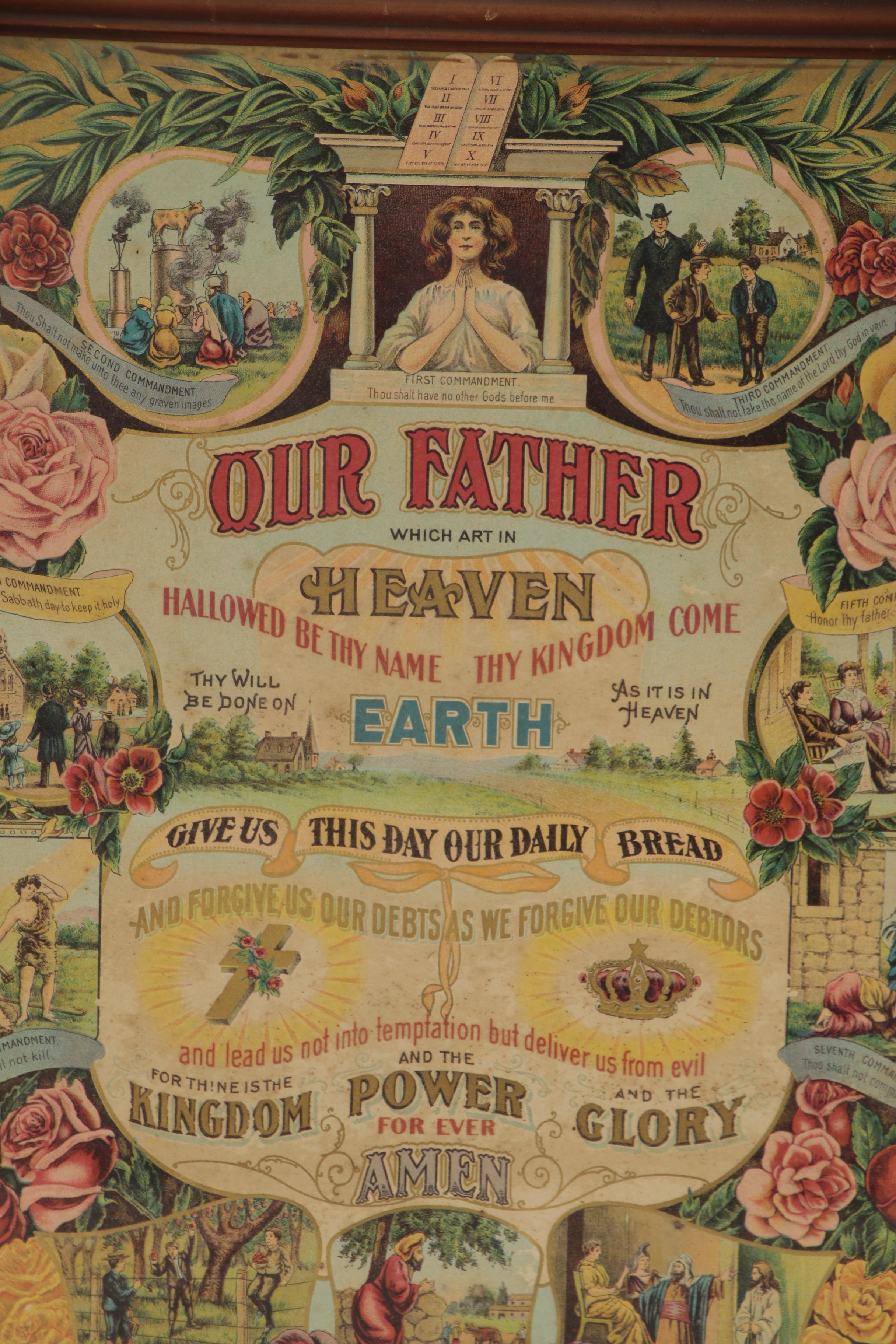 Chromolithograph of Illustrated Lord's Prayer and Ten Commandments, 1911
