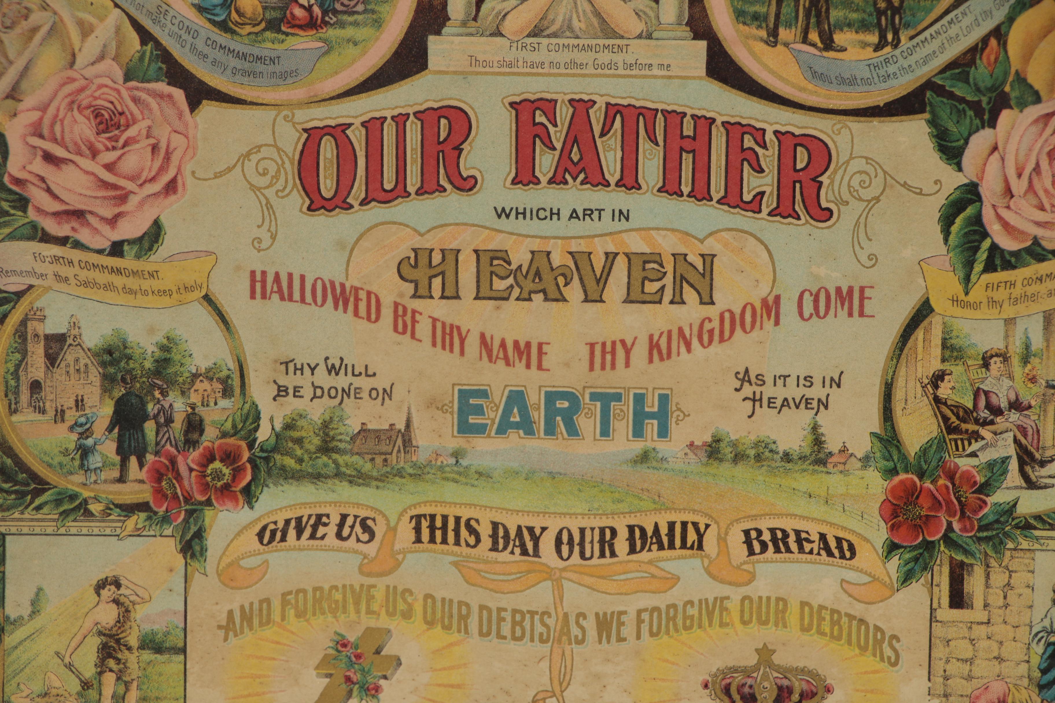 Chromolithograph of Illustrated Lord's Prayer and Ten Commandments, 1911