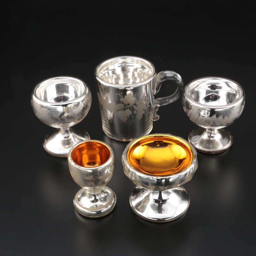 Etched Mercury Glass Footed Salt Cellars and Tableware, Mid 19th Century