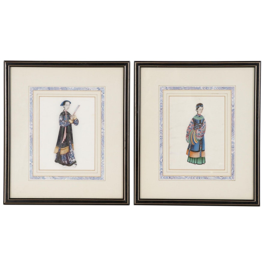 Antique Chinese Female Figure Gouache Paintings on Pith Paper, 19th Century