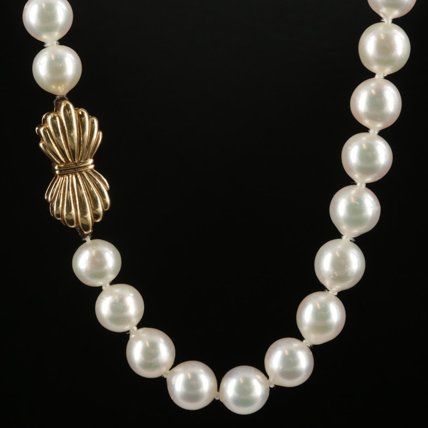 Hand Knotted Cultured Pearl Strand Necklace with Mikimoto 18K Gold Clasp