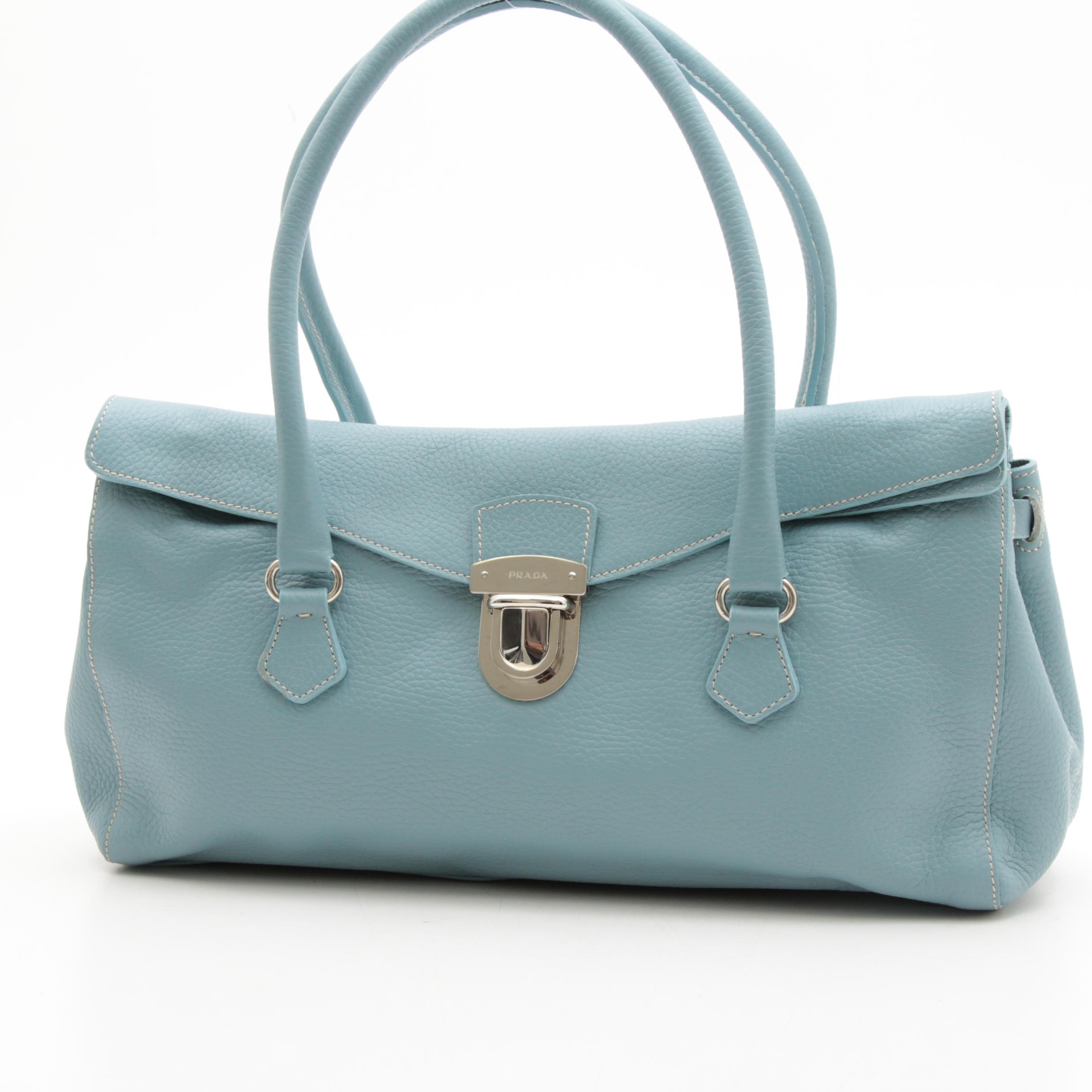 Prada Light Blue Vitello Daino Leather Barrel Top Handle Bag