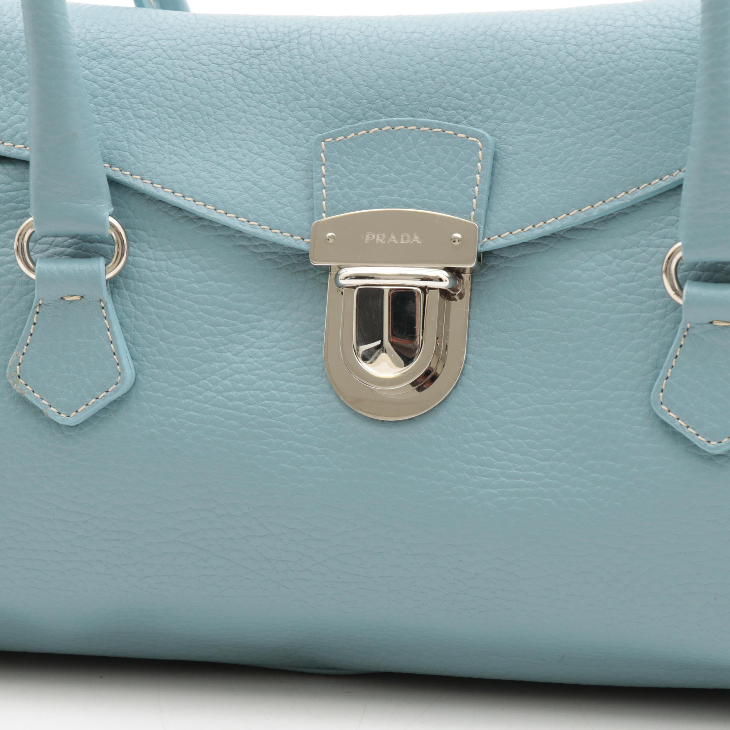 Prada Light Blue Vitello Daino Leather Barrel Top Handle Bag