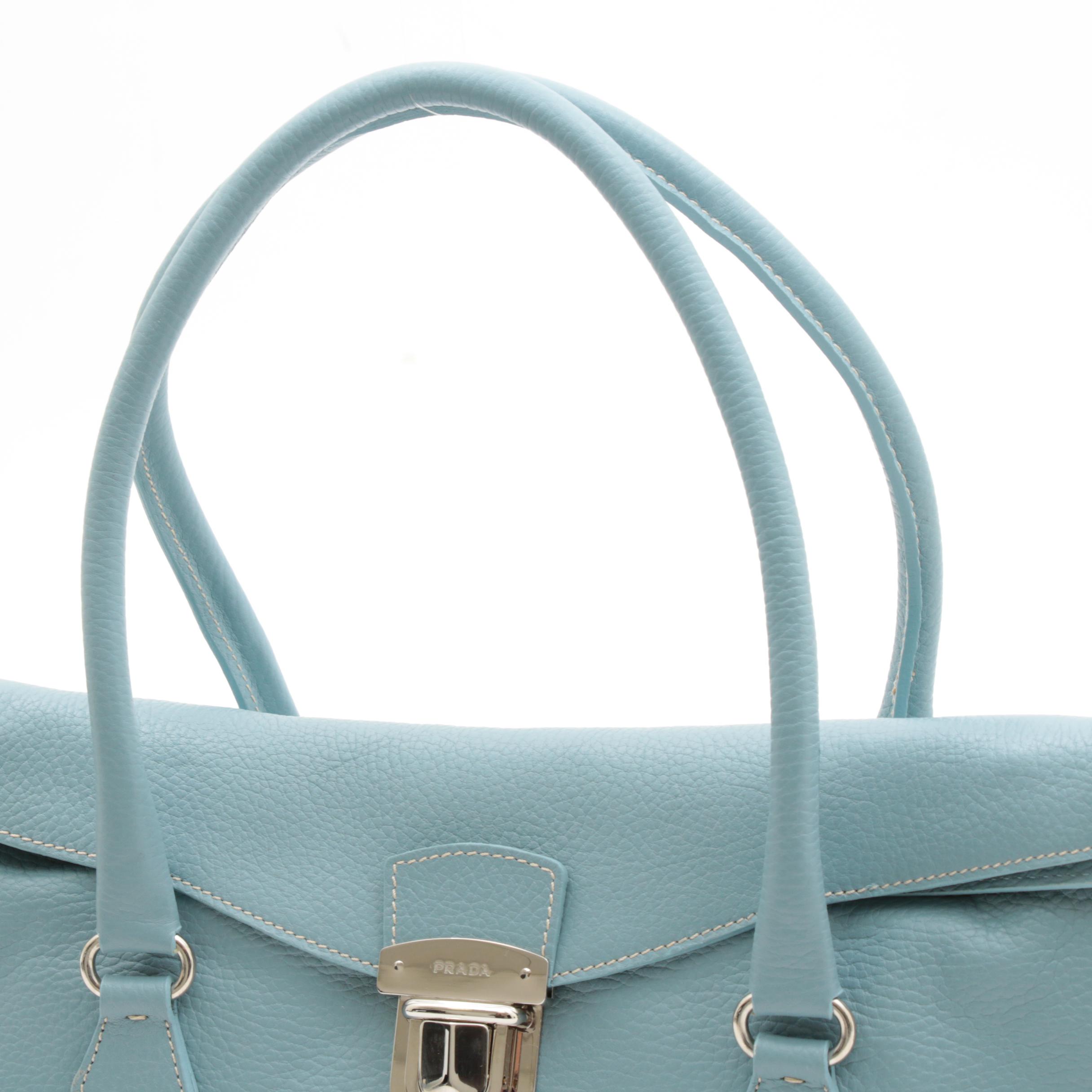 Prada Light Blue Vitello Daino Leather Barrel Top Handle Bag