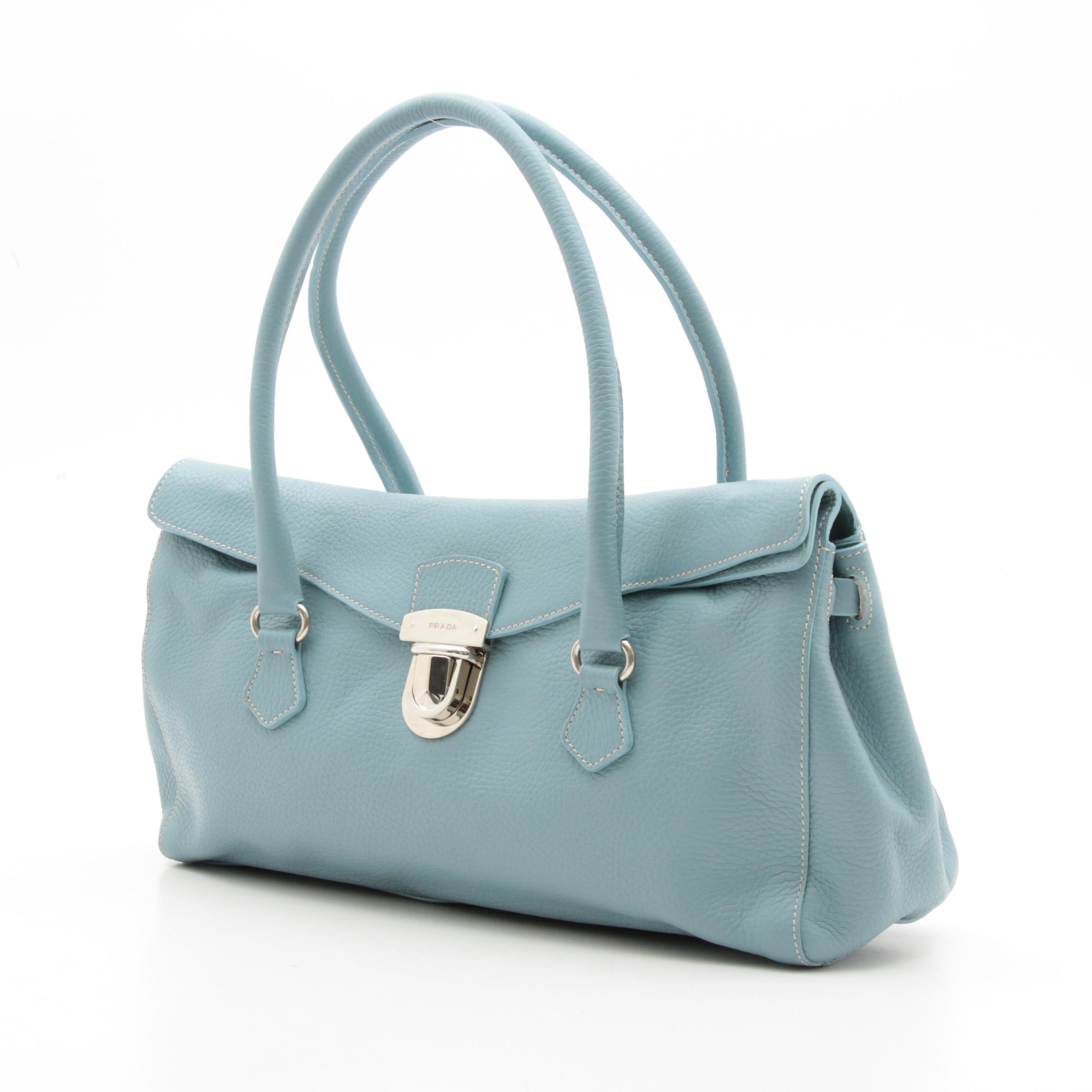 Prada Light Blue Vitello Daino Leather Barrel Top Handle Bag