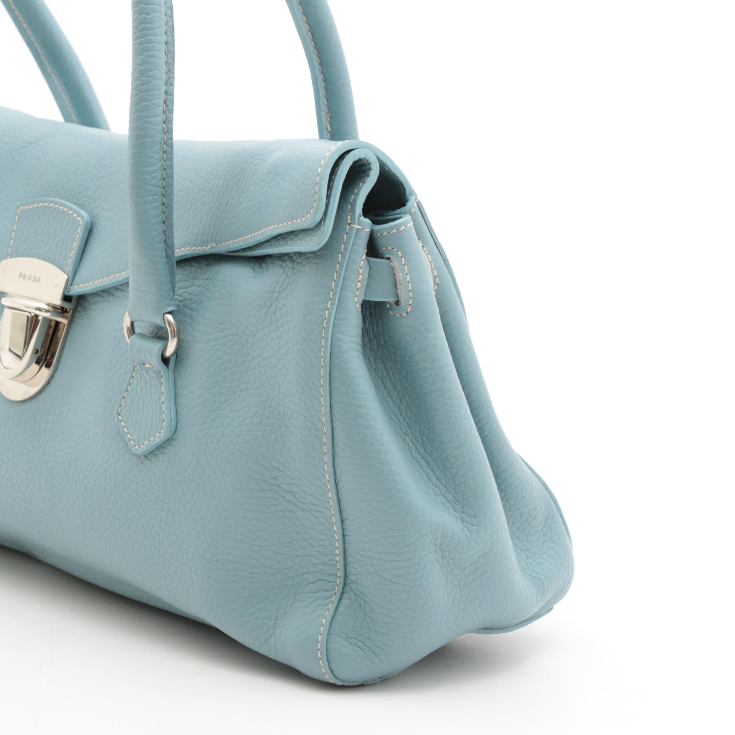 Prada Light Blue Vitello Daino Leather Barrel Top Handle Bag