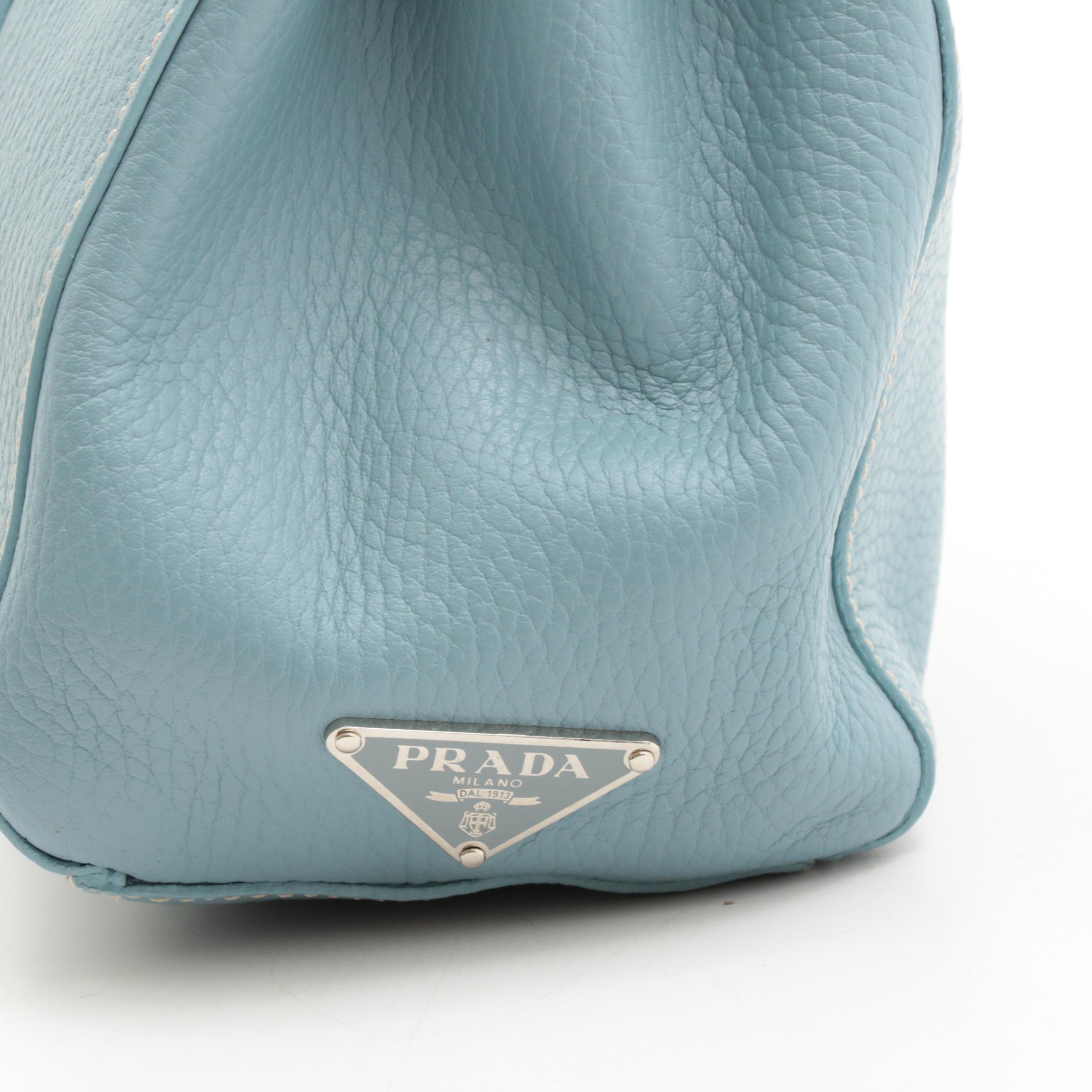 Prada Light Blue Vitello Daino Leather Barrel Top Handle Bag