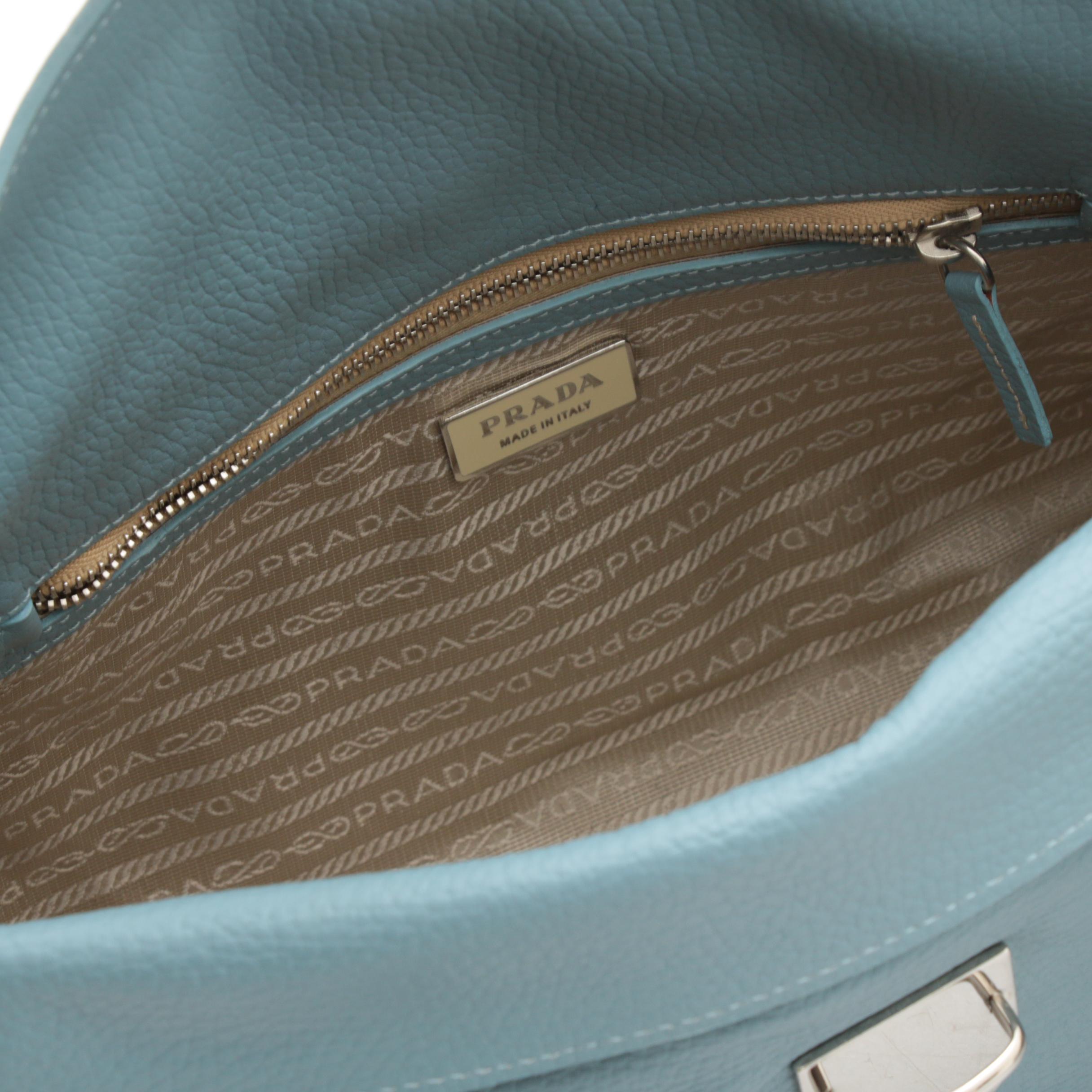 Prada Light Blue Vitello Daino Leather Barrel Top Handle Bag