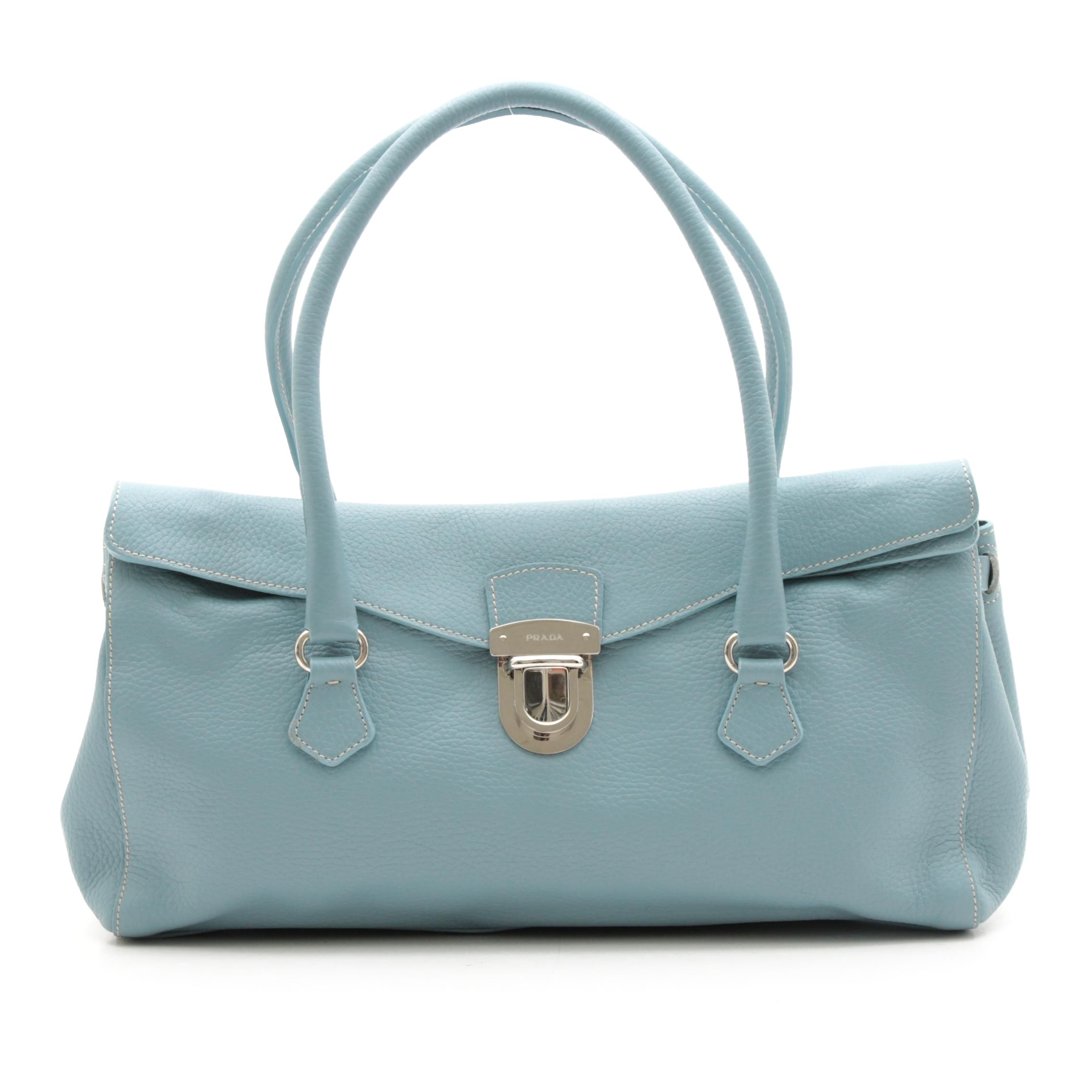 Prada Light Blue Vitello Daino Leather Barrel Top Handle Bag