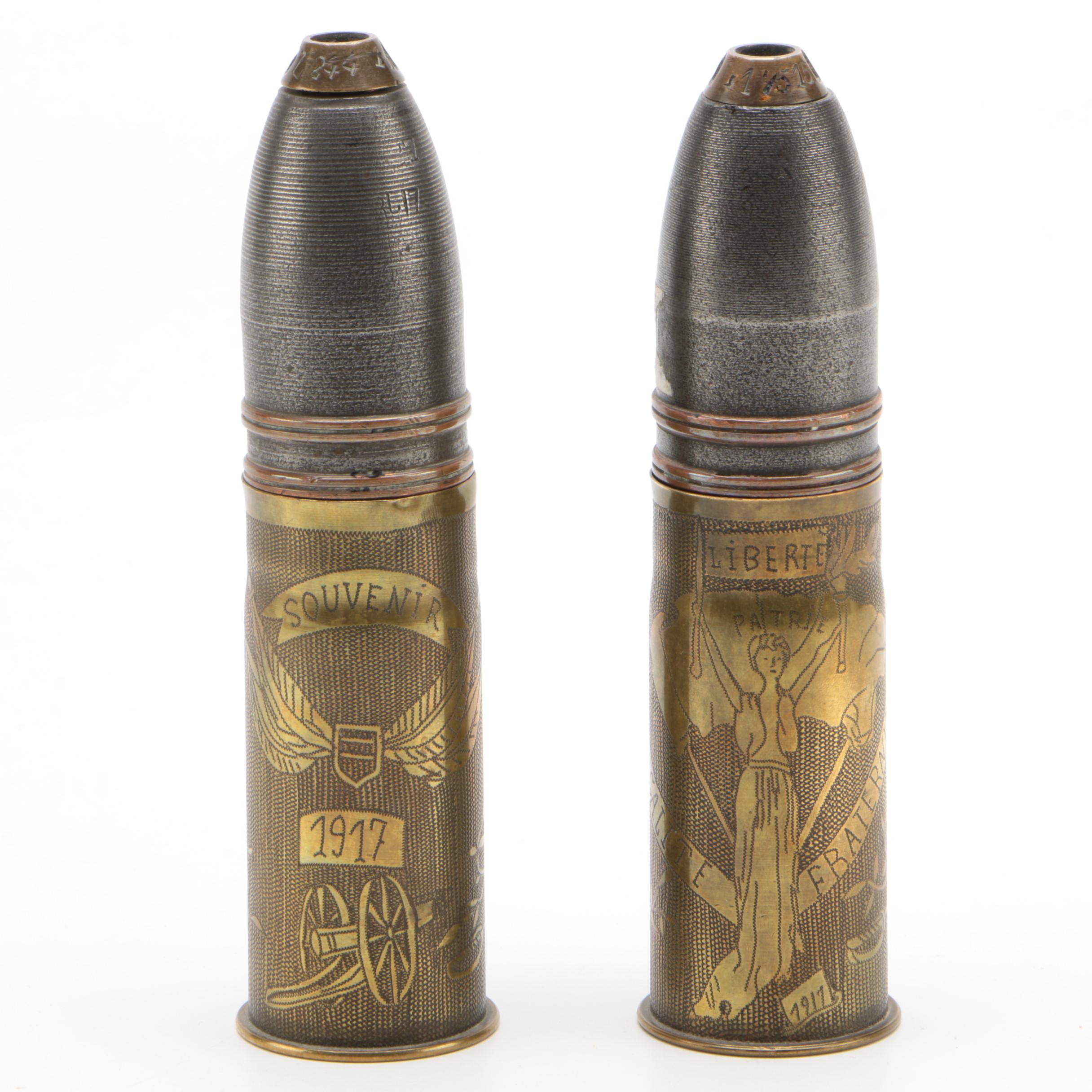 French World War I Trench Art 37mm Shells and Projectiles, 1917