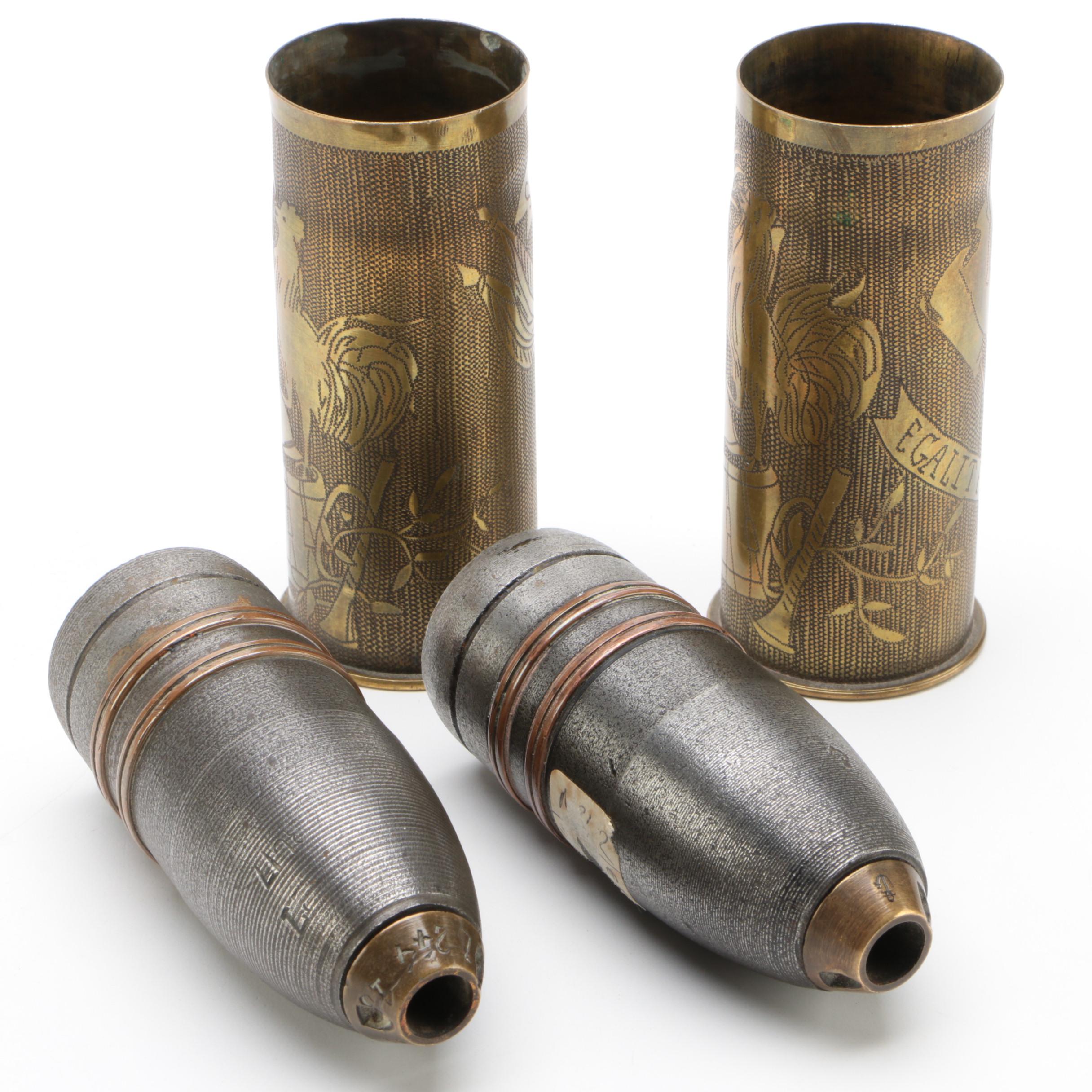 French World War I Trench Art 37mm Shells and Projectiles, 1917