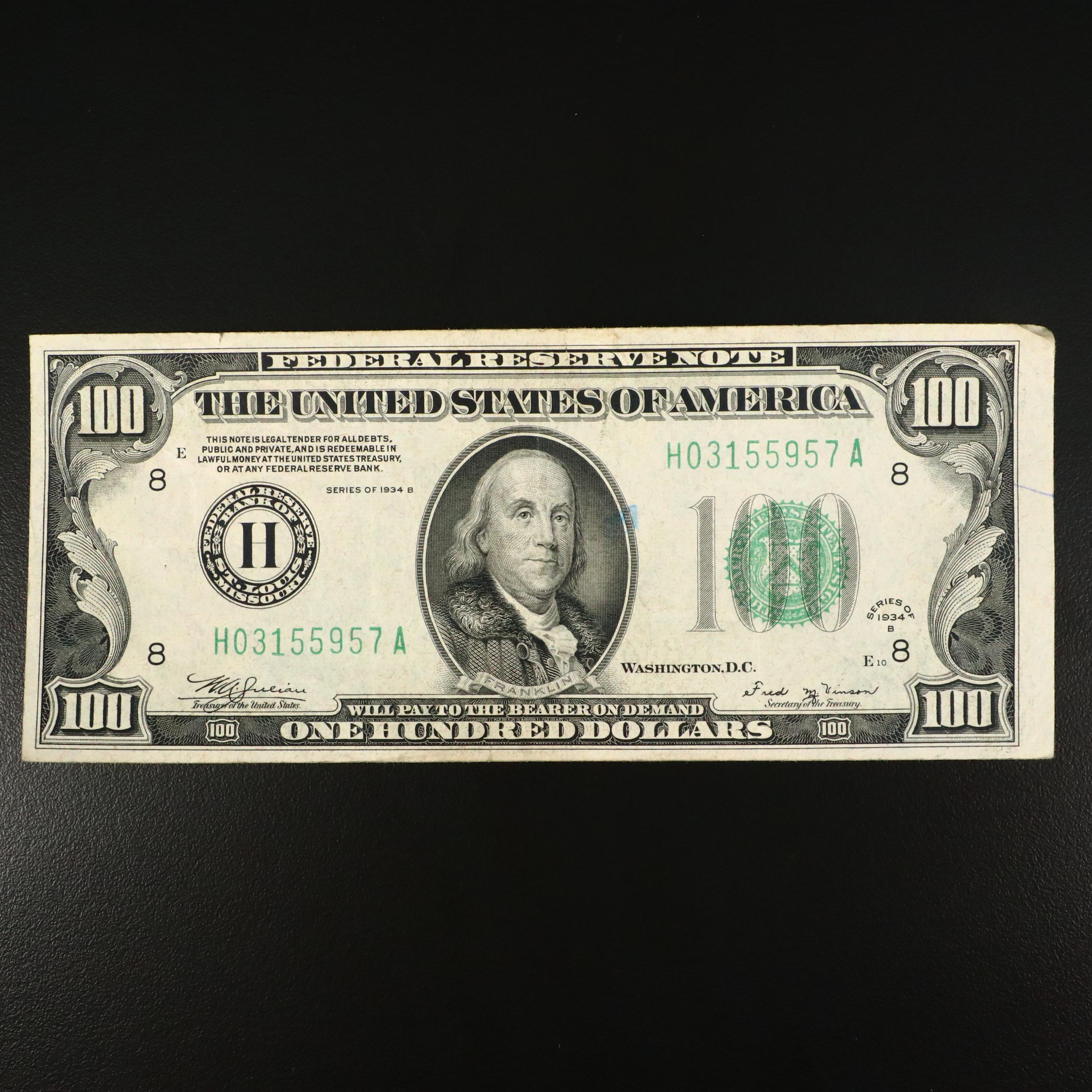 Series of 1934 B $100 Federal Reserve Julian/Morgenthau Note with Green Seal