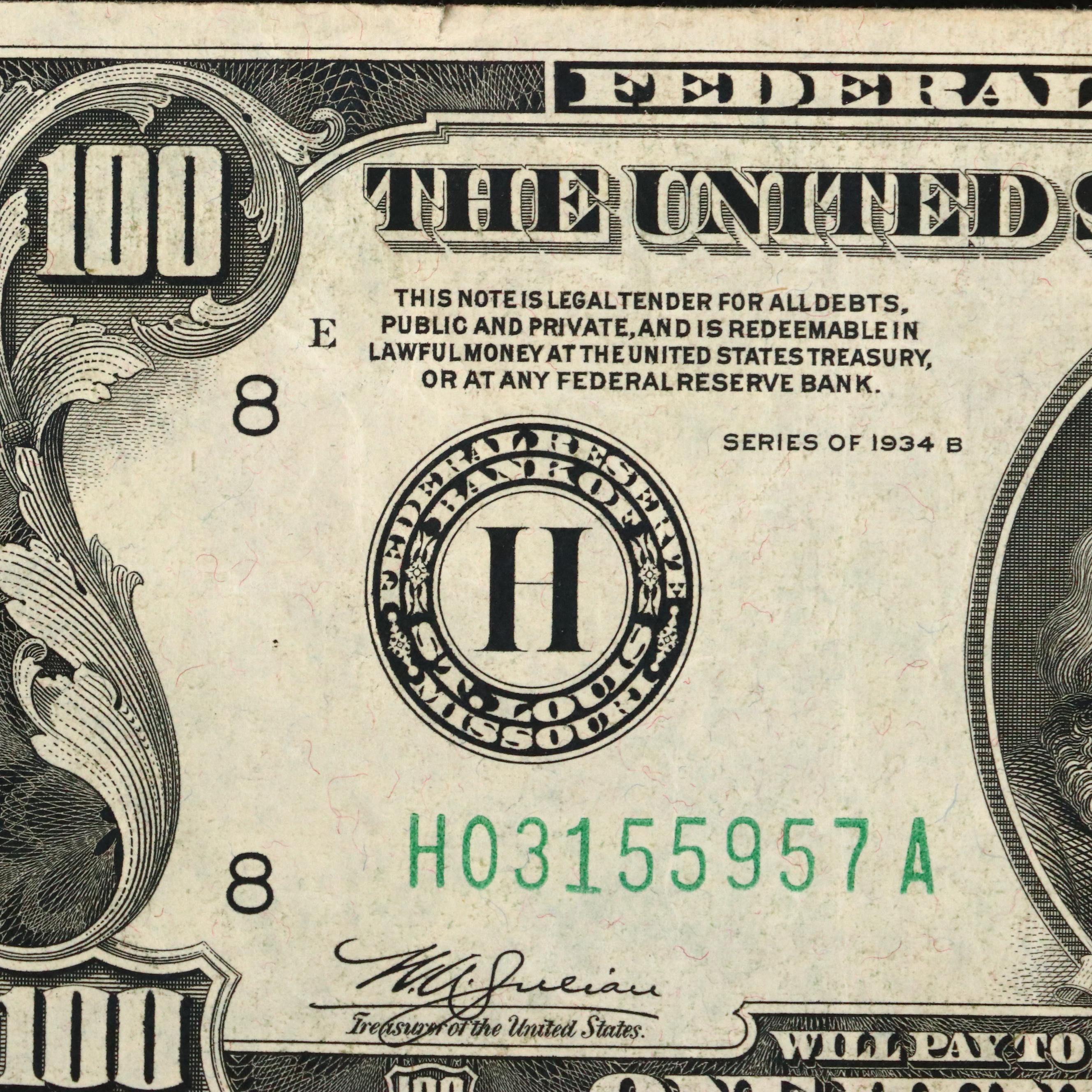 Series of 1934 B $100 Federal Reserve Julian/Morgenthau Note with Green Seal