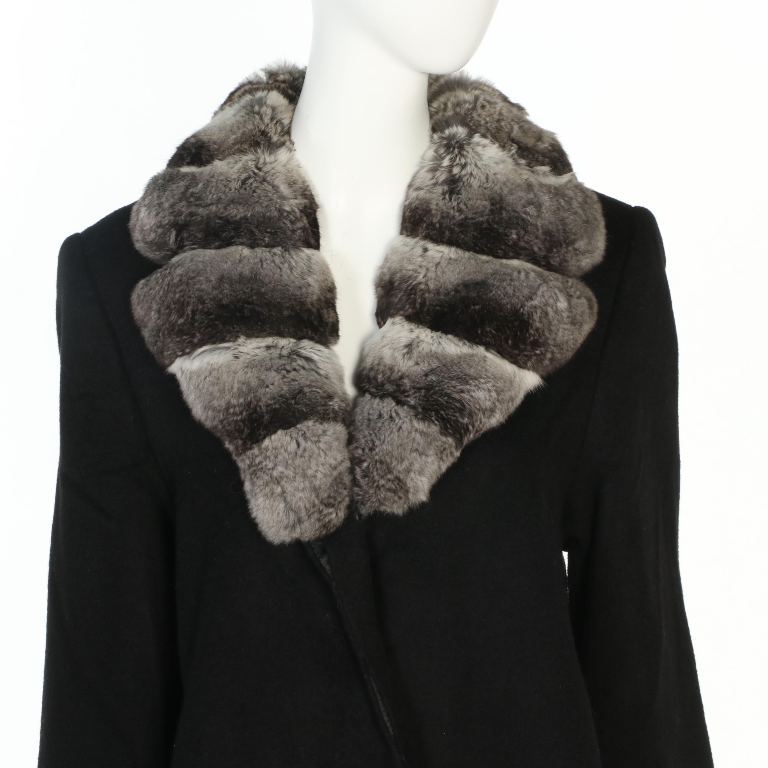 Saks Fifth Avenue Collection Black Fleurette Camel Hair and Chinchilla Fur Coat