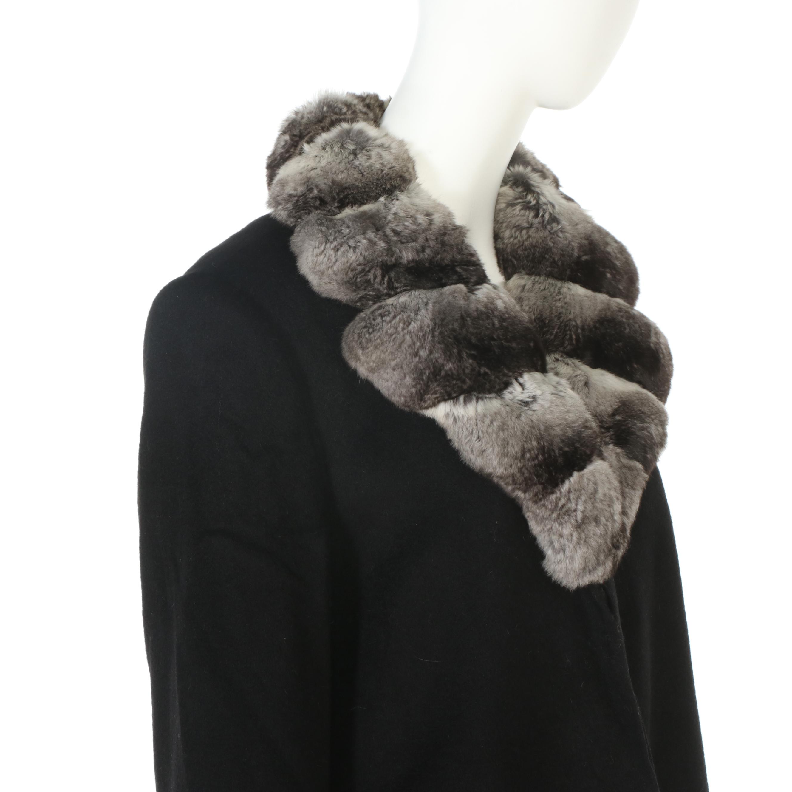 Saks Fifth Avenue Collection Black Fleurette Camel Hair and Chinchilla Fur Coat